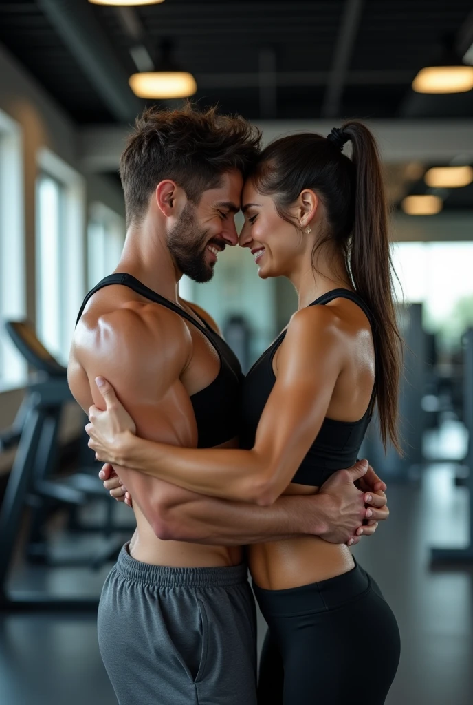 A beautiful woman and a handsome man dating at the gym