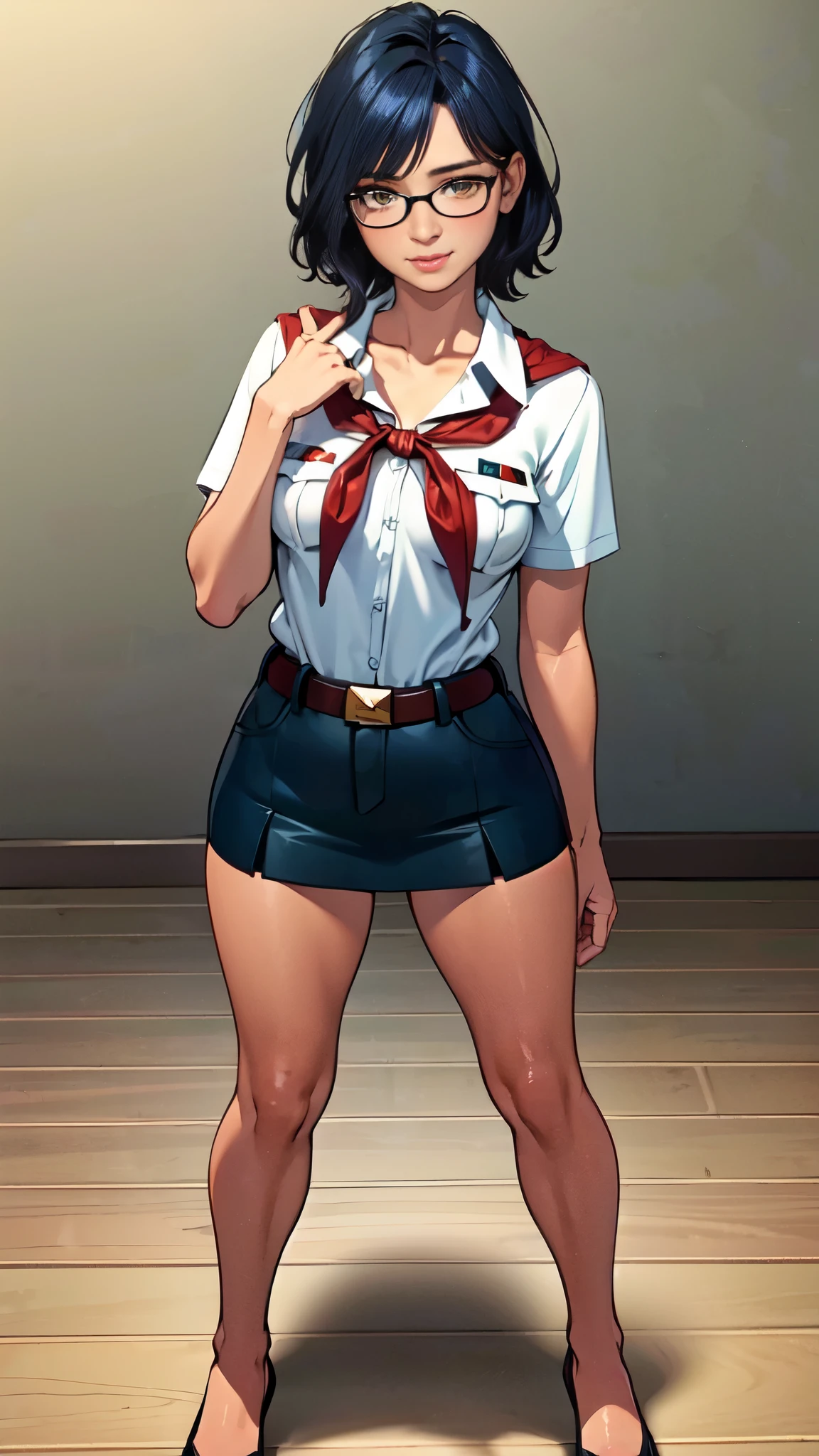 detailed eyes, (full body shot:1.2), 8k, (skinny body:1.2), curvy, (hands behind her back:1.2), seductive pose, (looking at viewer, 8k vector photography, young , beautiful eyes, realistic lighting, detailed outfit, realistic facial features), (very short hair:1.3), short disheveled hair, medium breast, pioneer neckerchief, micro blue tight skirt, bangs, collarbone, very tight white shirt, short sleeves, collared shirt, belt, eyelashes, red neckerchief, breast pocket, resembles a sex doll, maryarya, dark blue hair, yellow eyes, glasses