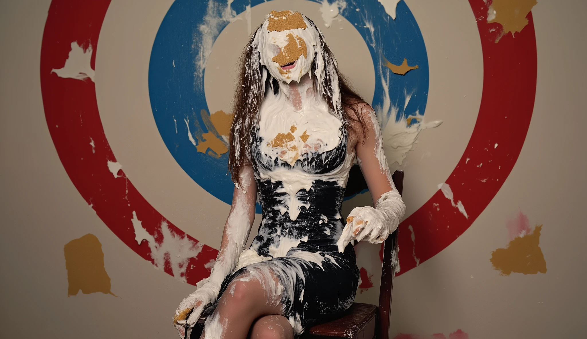 A beautiful 18-year-old girl with long, flowing dark hair and wearing a long satin formal dress and black strappy high heels sits in a chair in front of a wall that has a target painted on it directly behind where she is sitting. The centre of the target is directly behind the girl's head. She is completely covered from head to toe with very thick white pie cream and the pies' white paper plates, including her face, of which her eyes, nose and mouth are completely obscured. There is more very thick white pie cream in her hair, on the wall behind her, on the chair and on the ground around her. ((Her mouth is closed)). (Full body shot). (No crusts). Carnival setting.