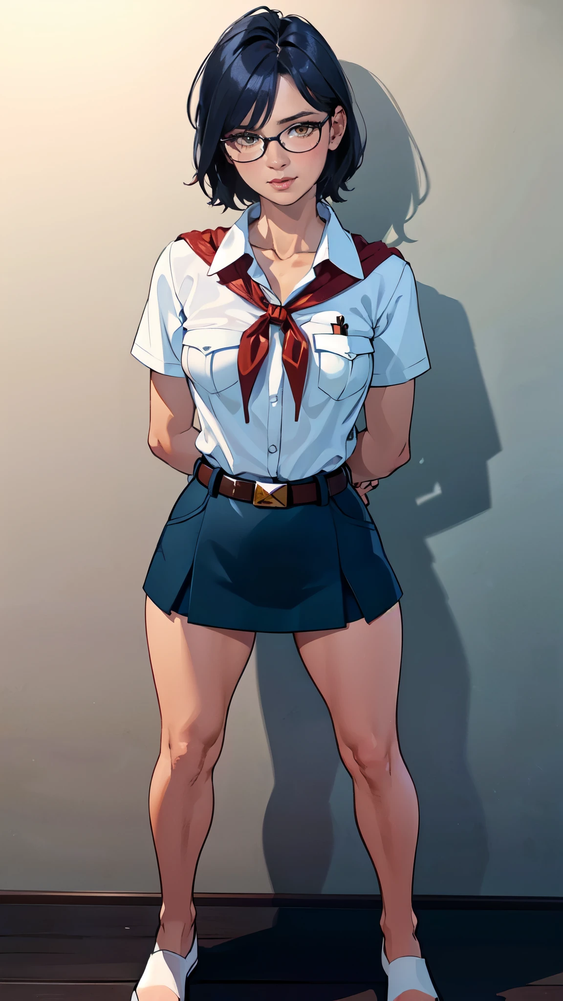 detailed eyes, (full body shot:1.2), 8k, (skinny body:1.2), curvy, (hands behind her back:1.2), seductive pose, (looking at viewer, 8k vector photography, young , beautiful eyes, realistic lighting, detailed outfit, realistic facial features), (very short hair:1.3), short disheveled hair, medium breast, pioneer neckerchief, micro blue tight skirt, bangs, collarbone, very tight white shirt, short sleeves, collared shirt, belt, eyelashes, red neckerchief, breast pocket, resembles a sex doll, maryarya, dark blue hair, yellow eyes, glasses