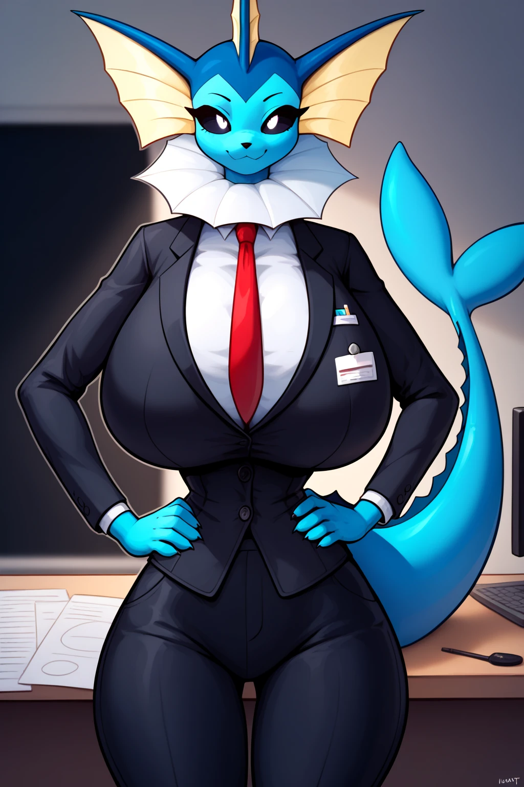 score_9, score_8_up, score_7_up, Pokémon, Pokémon Inteleon, ((no breasts)), big butt, Cartoon, ((femboy)), Cartoon Effects, Inteleon, blue skin, Inteleon with a huge butt standing shyly, too cute, Extremely pretty, Silly, shy!!, shy!!, blushing!!, bright yellow eyes, thoughtful eyes, smiling at the viewer, In a classroom, legs, thighs and huge and horrible, embarrassed by her absurdly large lower half, Happy and excited, ((heavy butt, huge thighs, extreme big butt, gigantic oversized butt, white blouse, black bow tie, black skirt, sitting on a desk, genital bulge