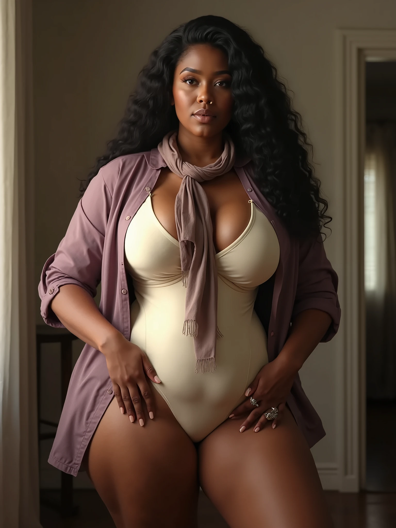 (24K, ultra best quality, tmasterpiece), (she has a physique like Cherokee D'Ass), (demure chest breasts, tiny waist, tiny breasts), (She has Most massive buttocks, Most ultra massive booty), (cream bodysuit, white blouse with taupe scarf, short mauve jacket), (Studio soft light, high detail, cinematic lighting, rim lighting), (Womanly, Womancore), (big hips, most wide hips, wide trapezoidal hips, extremely wide hips), (dark skin, glistening skin, beautiful complexion, dark melanin), full body, alluring, shot on Fujifilm superia