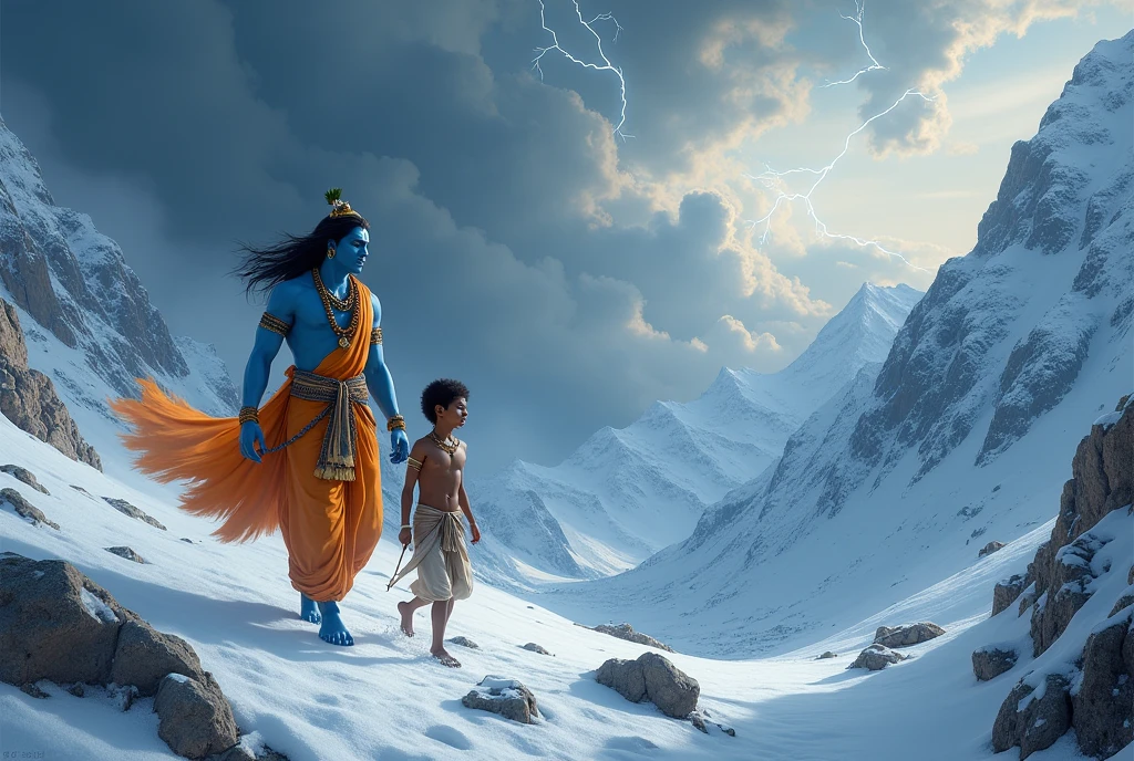  a small human boy stopping Lord Shiva from entering into a palace because maa parvati was bathing
Boy has to be cute
Background has to be himalayas
