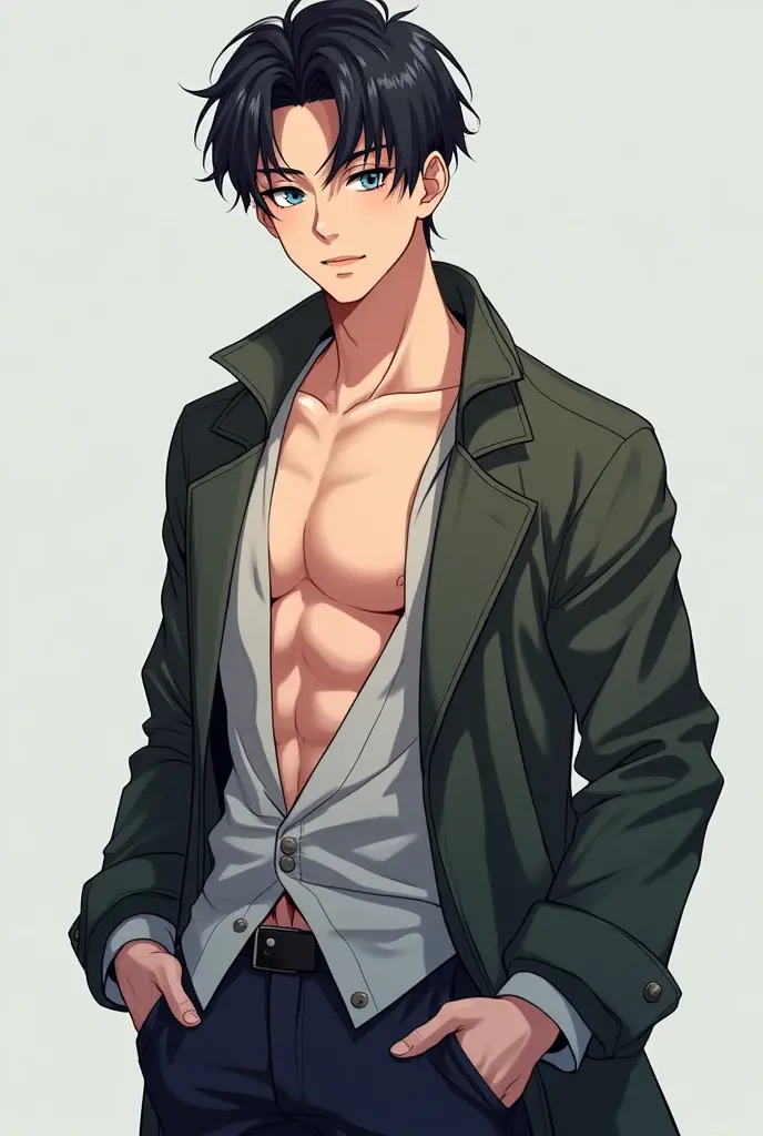 Whole body diagram,Handsome guy with short black hair ,musculature,Handsome,There are small scars,blue color eyes,Wear a belt
