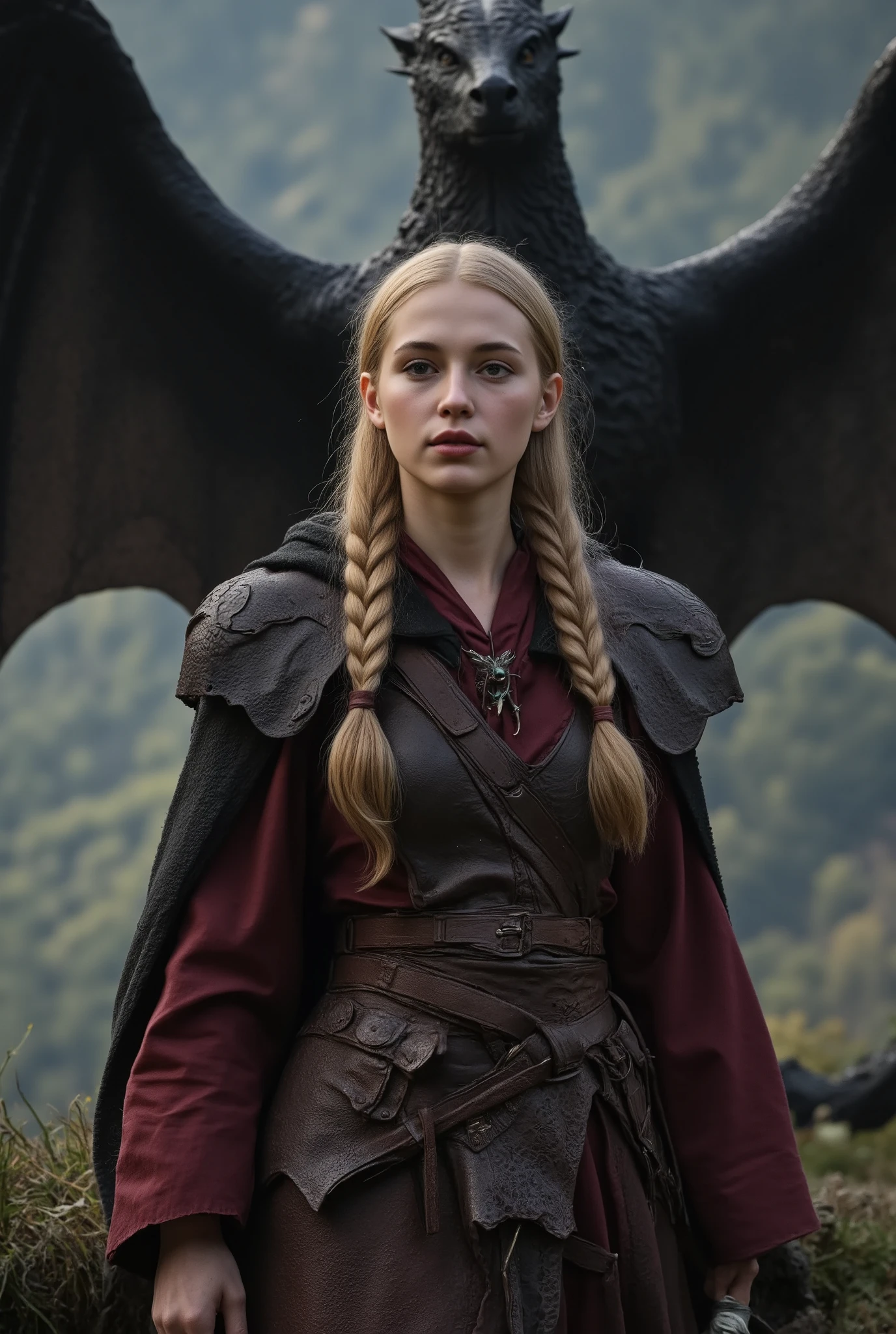 A 20-year-old High Elf of unearthly beauty,длинные эльфийские уши,  thin and refined face and long blond hair gathered in many pigtails that gently shine in the light.  She is dressed in exquisite but worn leather armor, her clothes are made of expensive burgundy silk.,on her back is a dark cloak,((In her right hand the elf holds a long sword)), on her back is a quiver with arrows, 
In the background, a majestic black dragon spread its wings, as if protecting an elf, (Tolkien's the Lord of the Rings universe, maximum realism)
