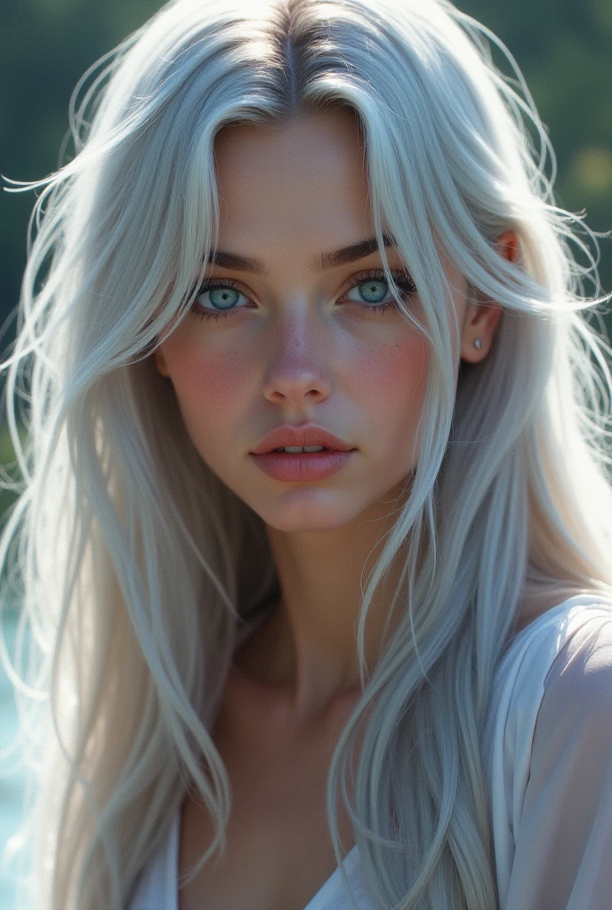 Beautiful girl with white hair and pink skin and blue eye real photo with big bonds