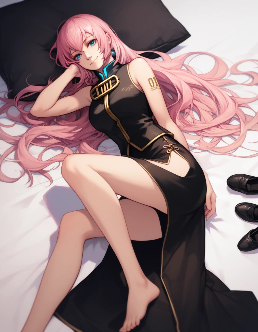 1 girl(cool, luka megurine, pink hair, long hair, straight hair, black headphone, sleeveless black long suit, side slit black long skirt, black long socks, barefoot, smile), Lying on your back, Lie down