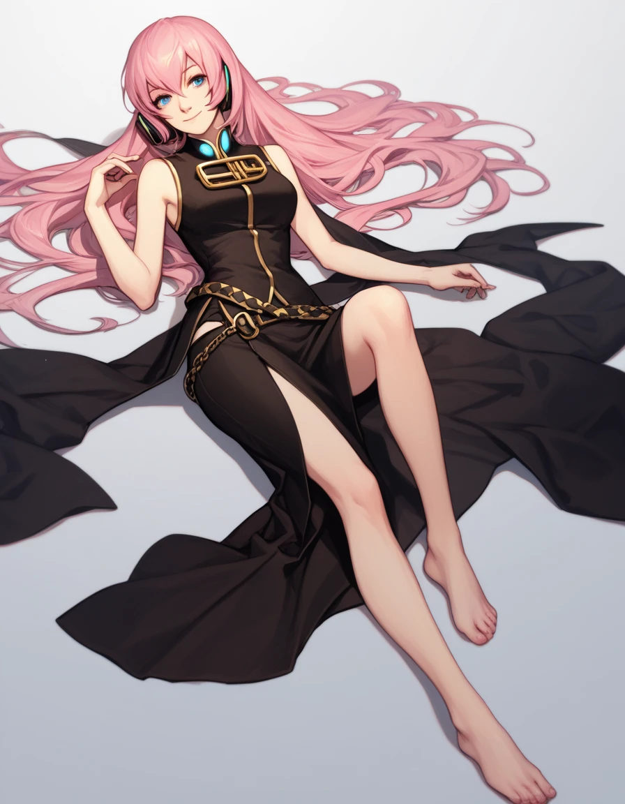 1 girl(cool, luka megurine, pink hair, long hair, straight hair, black headphone, sleeveless black long suit, side slit black long skirt, black long socks, barefoot, smile), Lying on your back, Lie down