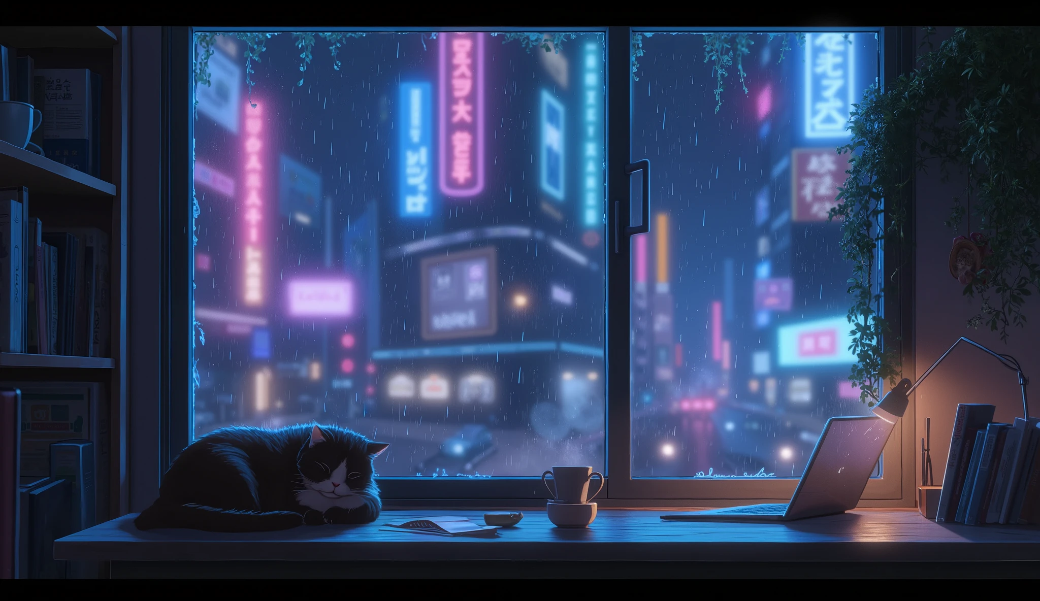  A window blurred by rain at night ,  with drops dripping through the glass . Inside,  a cozy room with soft blue and purple LED lights .  A cup of hot coffee on a wooden table next to an open laptop,  emitting a soft glow .  A cat sleeps curled up next to the cup . In the background,  a bookcase with books and hanging plants .  The city outside is illuminated with neon signs reflecting on the wet streets .  The mood is melancholic and relaxing 