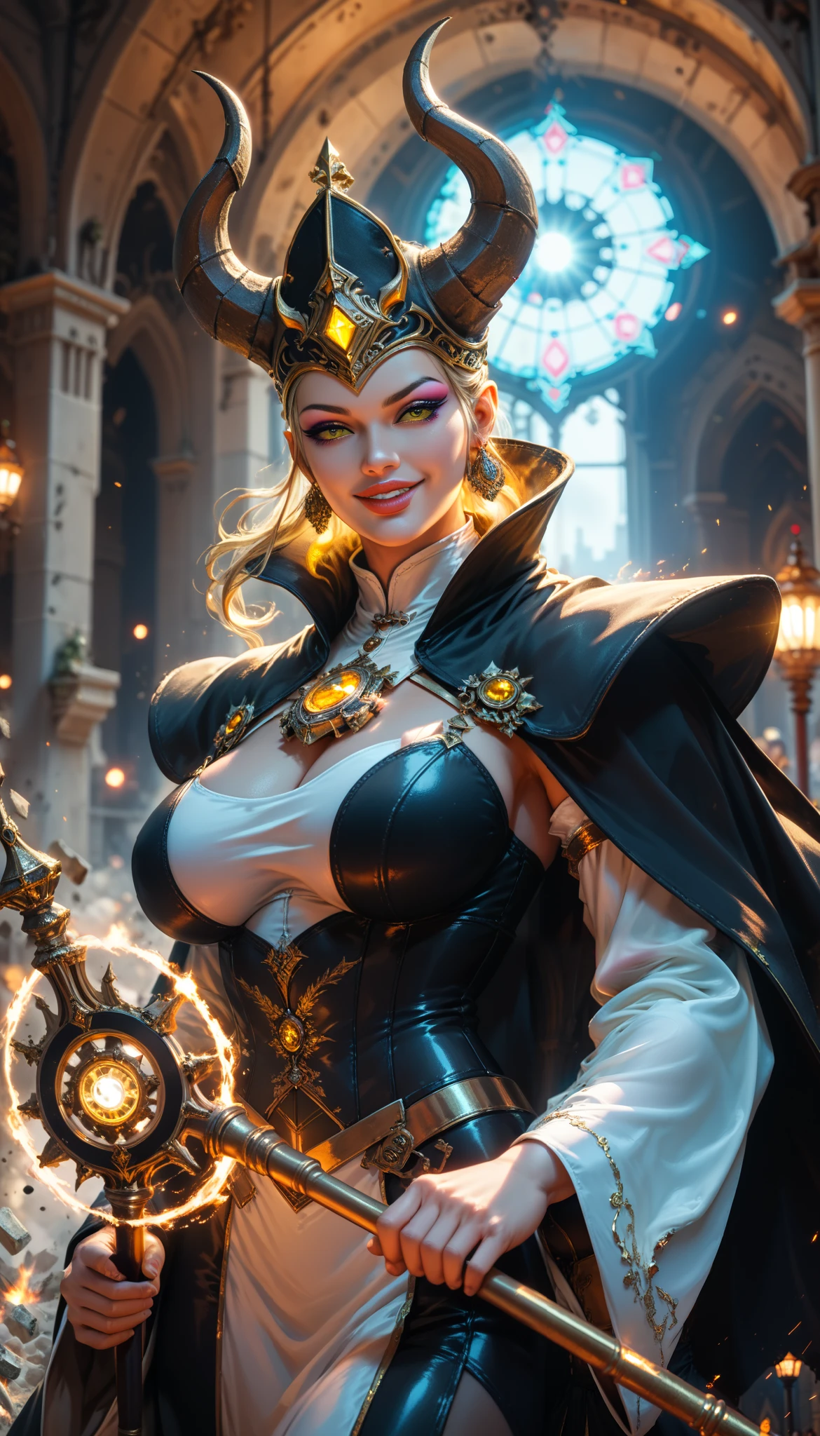 alchemist, beautiful woman (( Scarlet Johnson: Amber Heard:0.6)) , smiling, big breasts, flashy effects