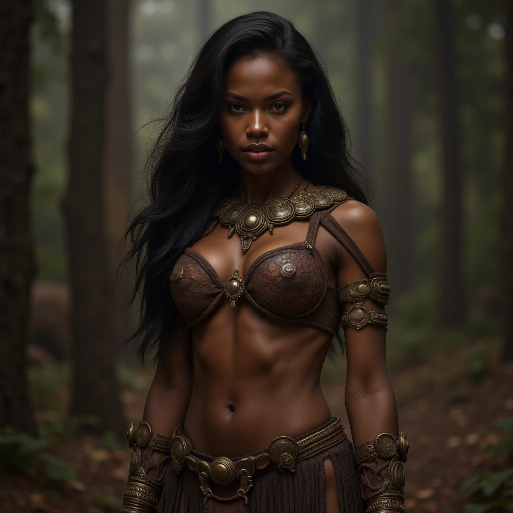 8k, RAW photo, best quality, ultra high resolution, photorealistic, realistic photo of skinny ebony girl viking, (slim ebony girl viking, black hair, curly hair, slim face), full body portrait, photo from the side, sexy pose, wearing viking costume, (viking fur costume), wearing fur skirt, (fur skirt), holding viking sword, (viking sword), (extremely detailed CG unity 8k wallpaper), Sharp focus, (bright light)