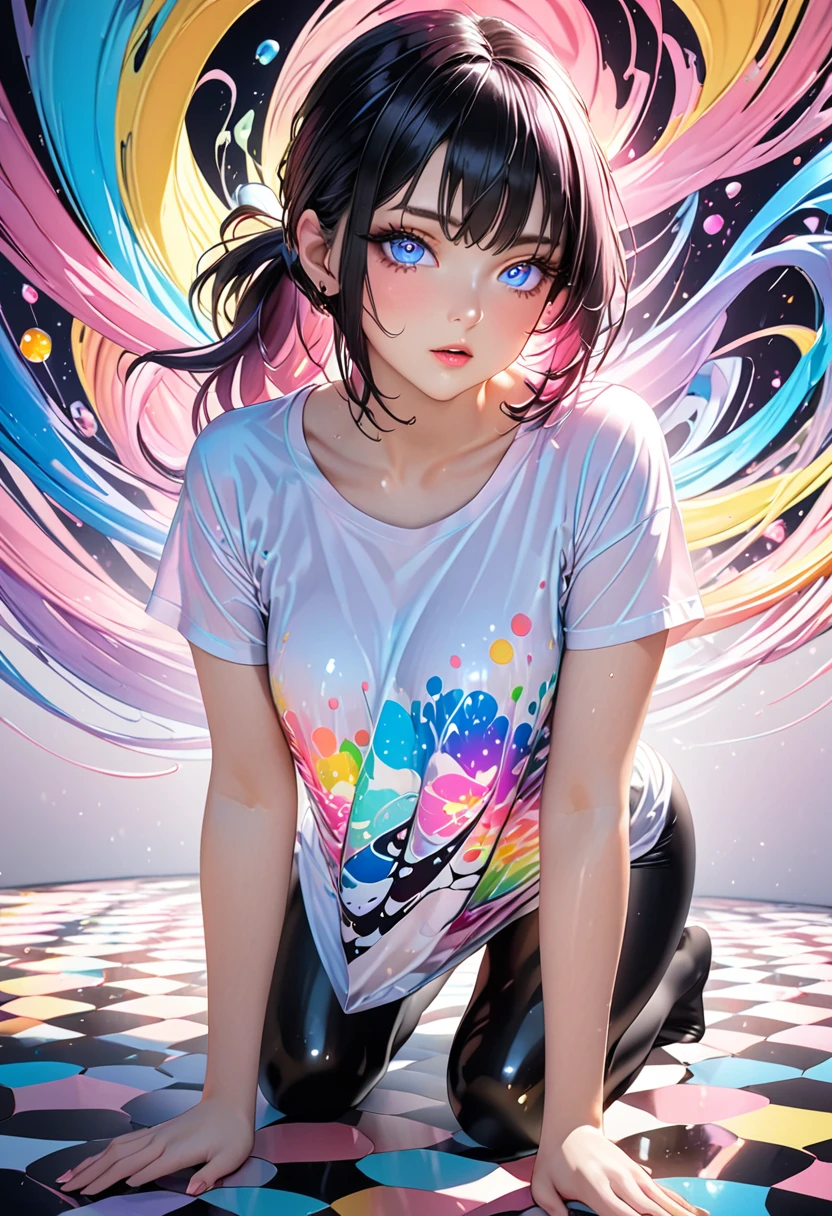 "Create a t-shirt print with an abstract artistic style. Use geometric shapes and pastel tones to depict the harmony between nature and technology."