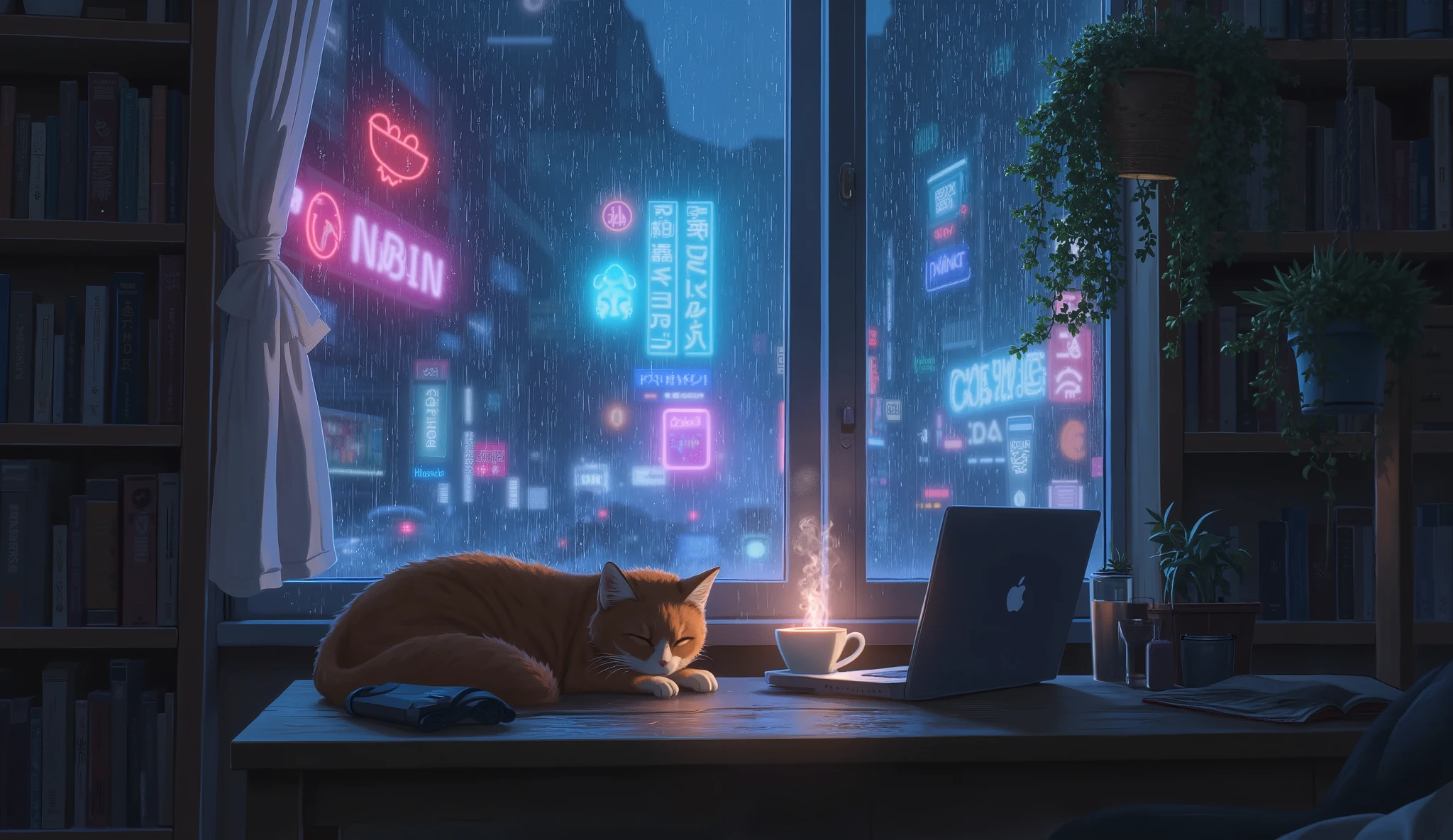  A window blurred by rain at night ,  with drops dripping through the glass . Inside,  a cozy room with soft blue and purple LED lights . A cup of hot coffee on a wooden table next to an open laptop,  emitting a soft glow .  A cat sleeps curled up next to the cup . In the background,  a bookcase with books and hanging plants .  The city outside is illuminated with neon signs reflecting on the wet streets .  The mood is melancholic and relaxing 