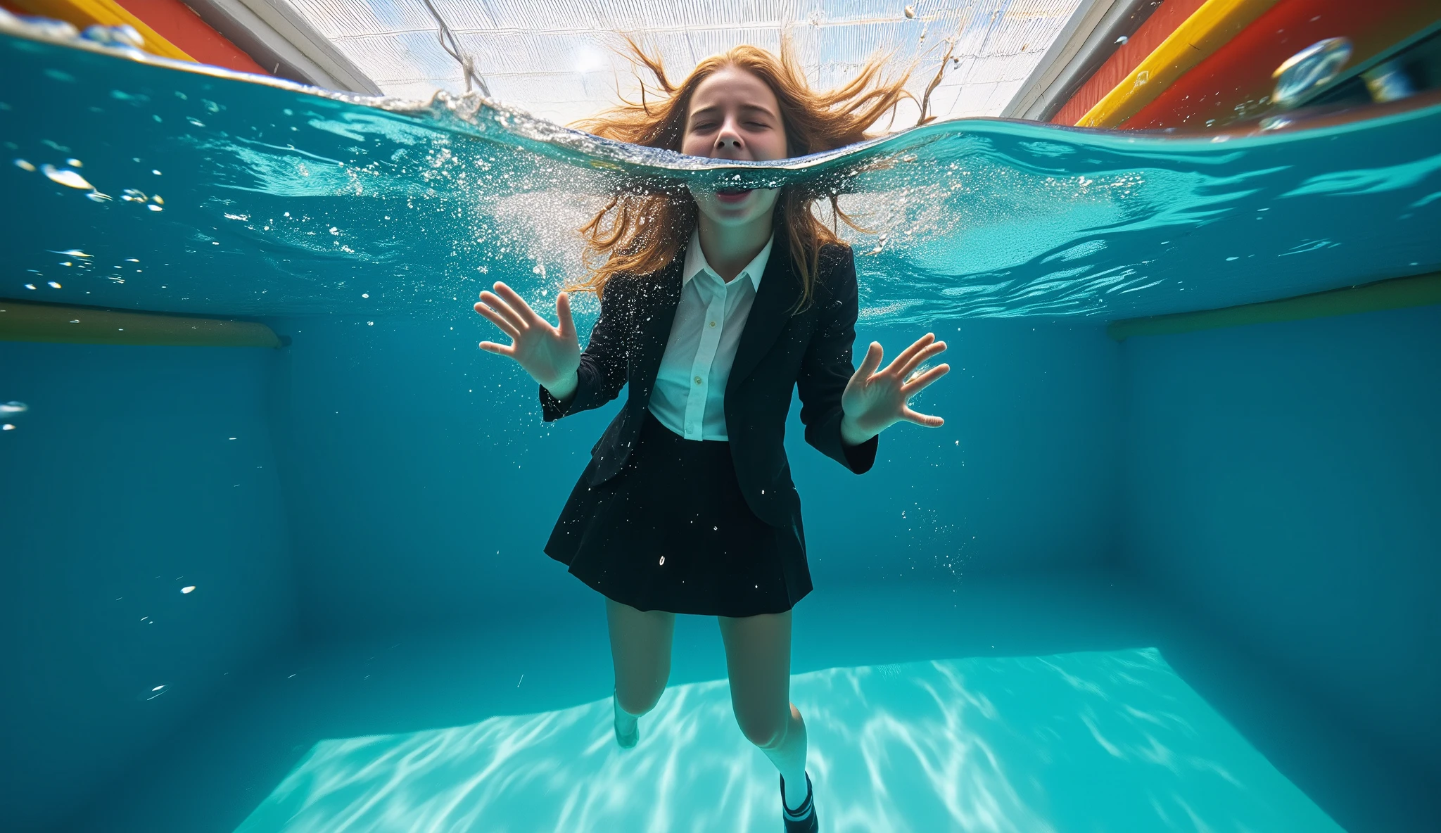 A beautiful 18-year-old girl in a black formal jacket, white blouse, black skirt and black high heels, shrieks as she is dunked in a carnival dunk tank. She is fully submerged beneath the surface of the water. She is facing the viewer. (Fully submerged, underwater, action shot)