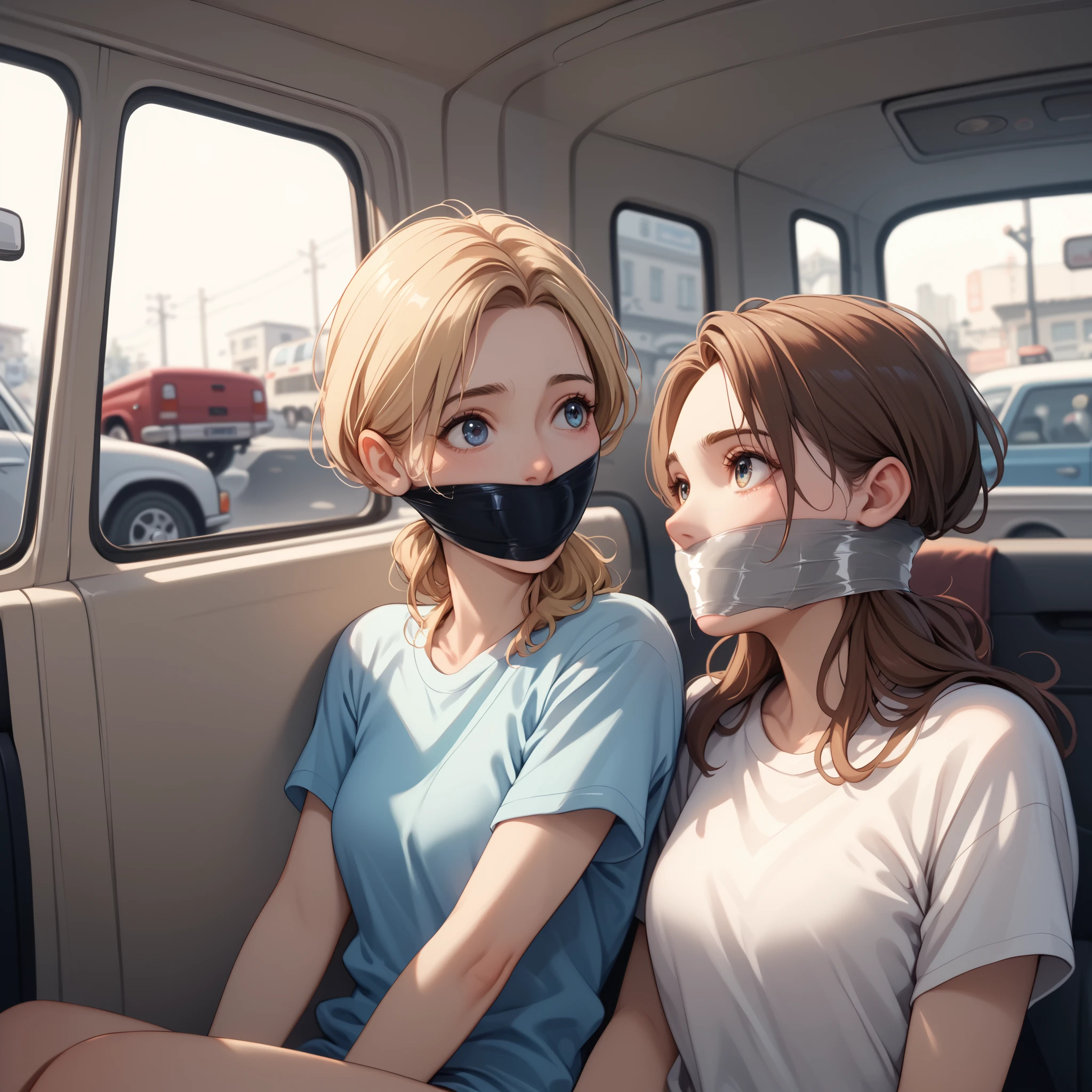 night scene, high detail, high definition, front view of a van, inside is a couple, at the wheel is a middle-aged man, with semi-long brown hair wearing a blue t-shirt, to the right of the man sits a beautiful young blonde woman, covered by a shiny plastic raincoat that covers her body and head, her mouth is covered by several turns of wide plastic tape that completely covers her mouth and nose and neck, WRAPAROUND TAPE GAG,