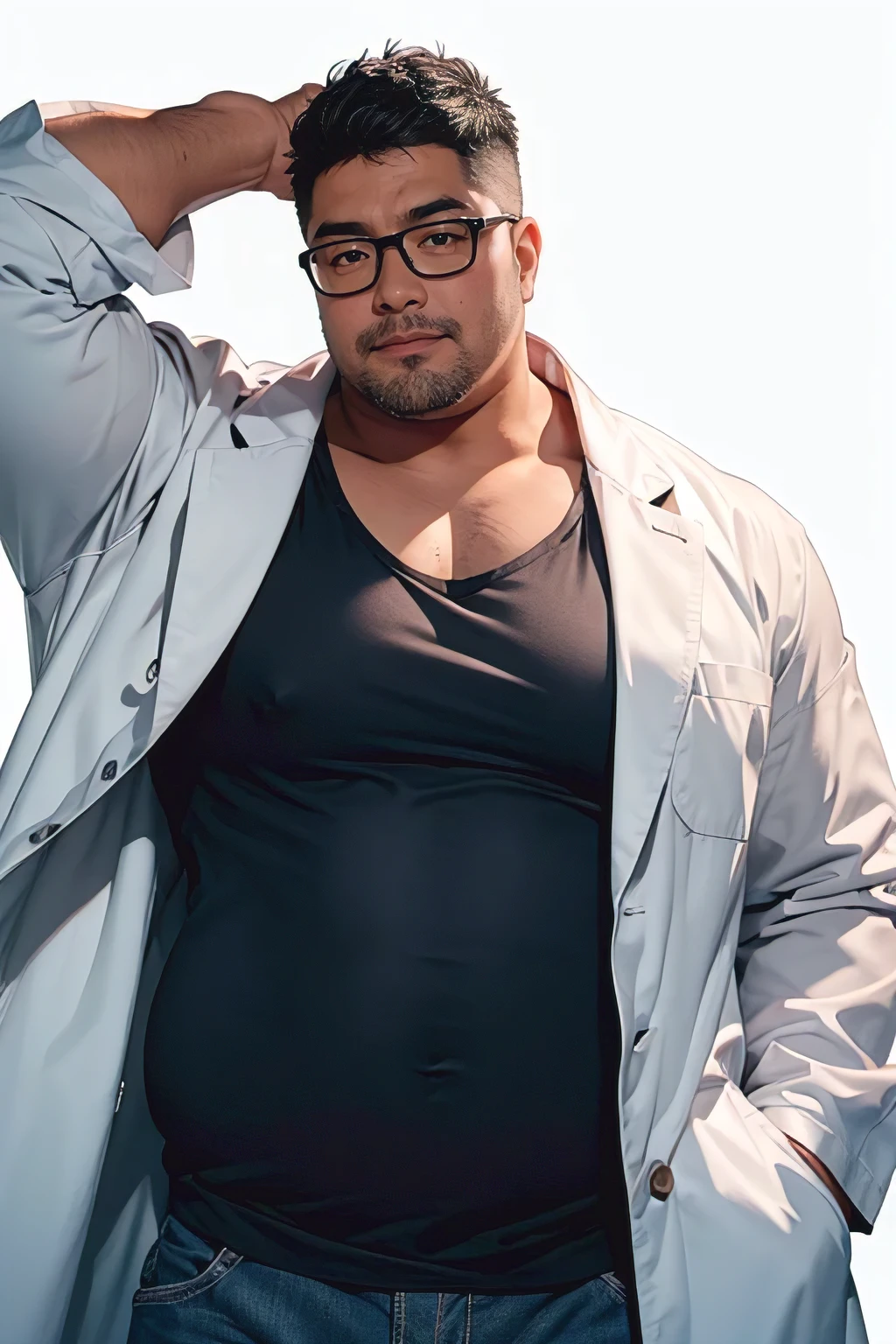 highest quality,masterpiece,Doctor,fat asian,Japanese,fat uncle,55year old middle-aged man,black under cut hair,((Long-sleeved Lab coat)),blue jeans,Thick eyebrows,short black beard,very muscular,dark skin,(white background), Surrealism, Panorama, 8k,detail hands,upper body portrait,look at viewer,single eyelid,wayfarer glasses,black tank top