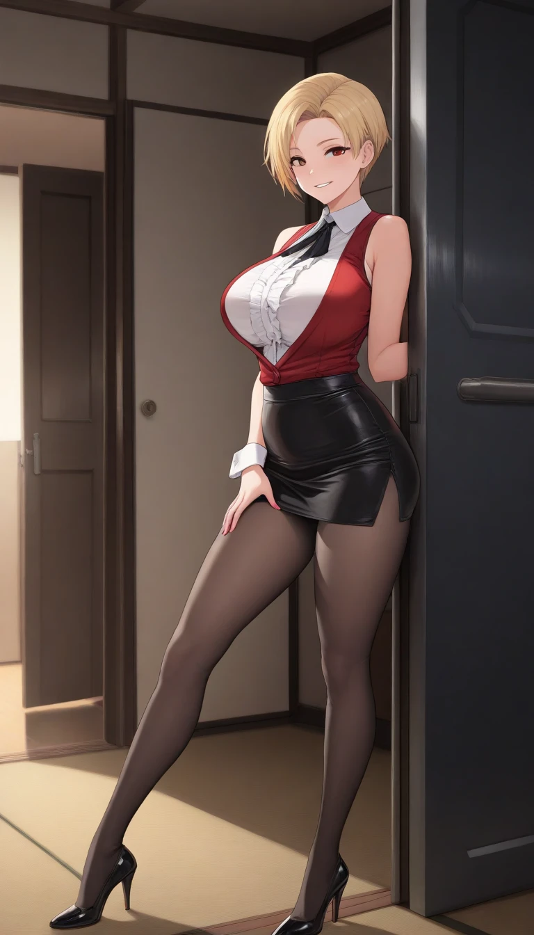 silver color hairs, inside a high tech control room with many monitors and screen, wearing black suit and mini tight skirt, a girl with calm and rational personality, demonstrating a loyal and efficient approach to her tasks, human-like aspect to her, possess emotions and empathy, leadership and cooperation would be crucial traits for her in order to support the mercenaries effectively, 6-foot-tall mechanical being with a silver metallic exterior, boasts a futuristic design, sports data control gloves on her wrists, with small hardware interfaces on her fingertips, waist carries a belt containing communication devices, hacking tools, and other accessories, 8k, masterpiece, RAW photo, best quality, photorealistic, extremely detailed CG unity 8k wallpaper, Depth of field, Cinematic Light, Lens Flare, Ray tracing, (extremely beautiful face, beautiful lips, beautiful eyes), intricate detail face, ((ultra detailed skin)) 1girl, in the dark, deep shadow, pretty korean girl, kpop idol, 1 girl, (very slim slender fit-muscled body:1.3), ((looking at viewer)),(big smile:1.3), (fashion city night, dark night, (neon sign), (blurred background), fashion street night),(without people in the background:1.3), beautiful earrings, bracelets, necklace, pantyhose, clear eyes, walking, (pale skin), (big eyes), face forward, (brown hairs), (full body shot), ((silk hot ruby red color dress:1.3)), ((tight fitting dress)), ((laced dress)), (looking at viewer:1.3) open breast, very slim, medium breasts, (sitting), brow front, (tight dress), thick thighs