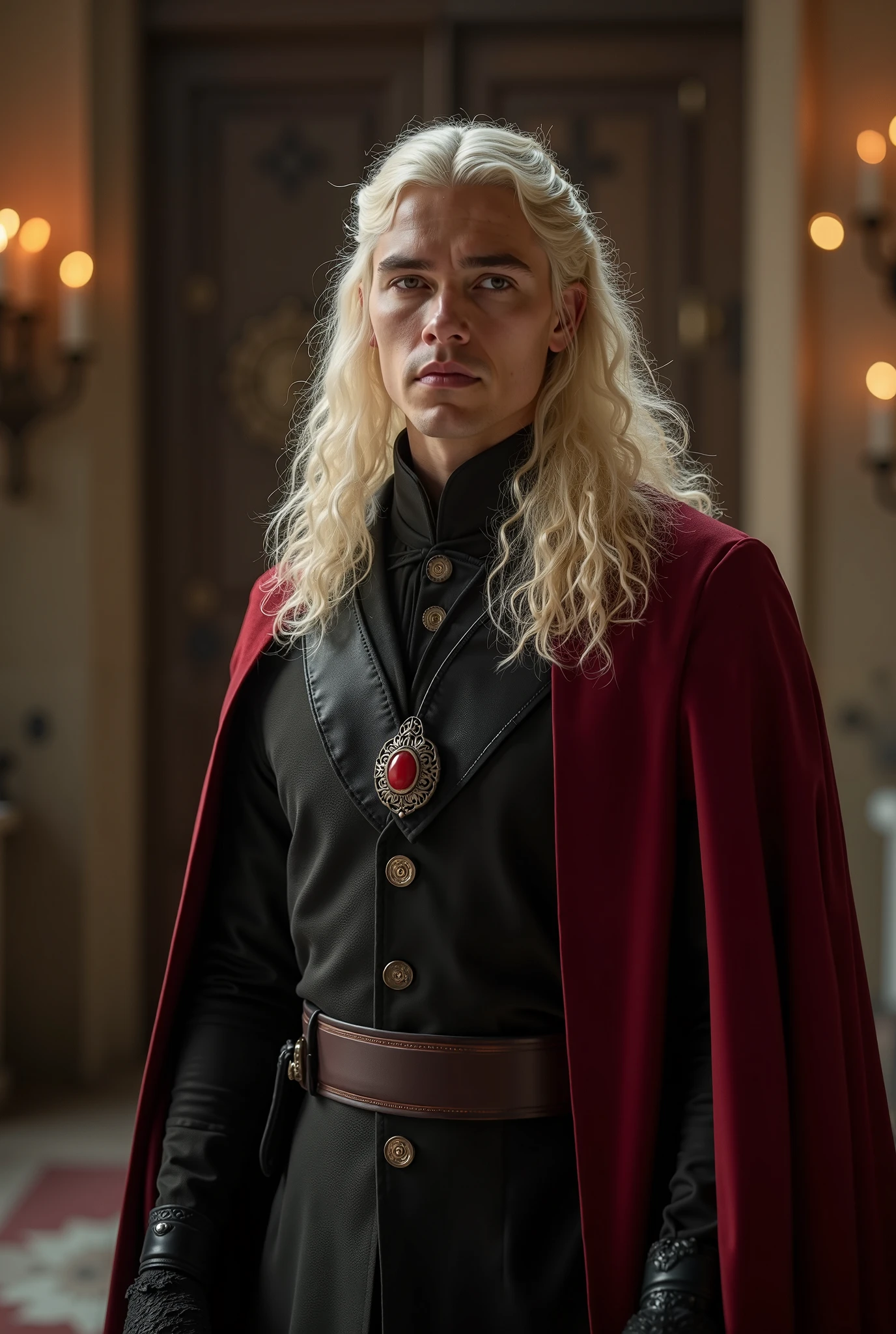 A handsome 13 years old Sexy Targaryen Prince with long curly platinum blonde hair, he's wearing a royal Black velvet prince costume with red scarlet details and black cloak,his face was detailed with freckles, he's standing near a black stairs made of stones on a broken ruined black castle,he's afraid and panting,his face is reddened, he's looking at far and climbing the stairs 