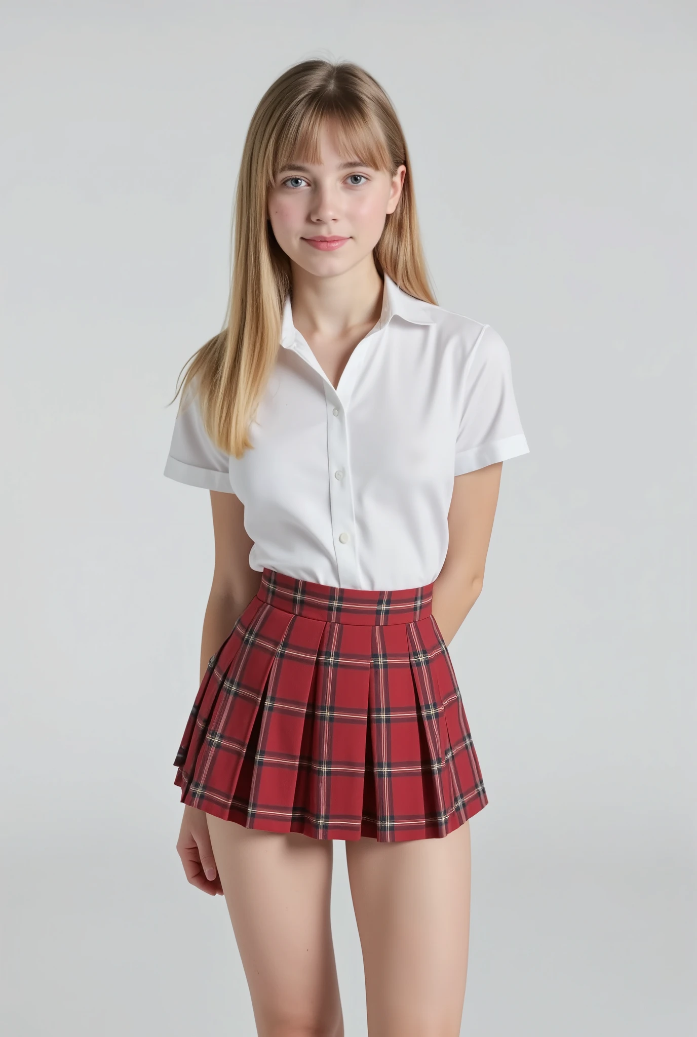 3/4 portrait of a beautiful young girl posing in front of a white background, supermodel, porcelain white skin, shoulder lenght golden blonde hair, straight hair, bangs, side swept bangs, she has freckles on her face, big eyes, petite, petite girl, skinny, skinny girl, big breasts, feminine, wearing a classic catholic school uniform style outfit, white short-sleeved tucked-in silk dress shirt, red plaid pleated school mini skirt, red plaid school tie, hands behind her back, character standing, character body facing the camera. The setting is an empty white background. UHD, 8K, masterpiece, high-res, hyperrealism, studio lighting, best quality.