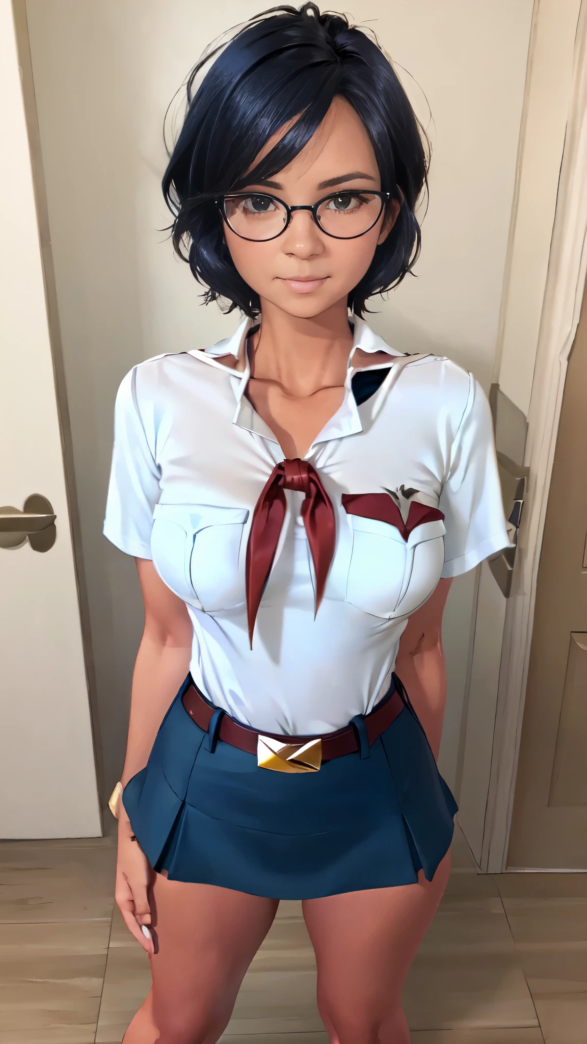 detailed eyes, (full body shot:1.2), 8k, (skinny body:1.2), curvy, (hands behind her back:1.2), seductive pose, (looking at viewer, 8k vector photography, young , beautiful eyes, realistic lighting, detailed outfit, realistic facial features), (very short hair:1.3), short disheveled hair, medium breast, pioneer neckerchief, micro blue tight skirt, bangs, collarbone, very tight white shirt, short sleeves, collared shirt, belt, eyelashes, red neckerchief, breast pocket, resembles a sex doll, maryarya, dark blue hair, yellow eyes, glasses