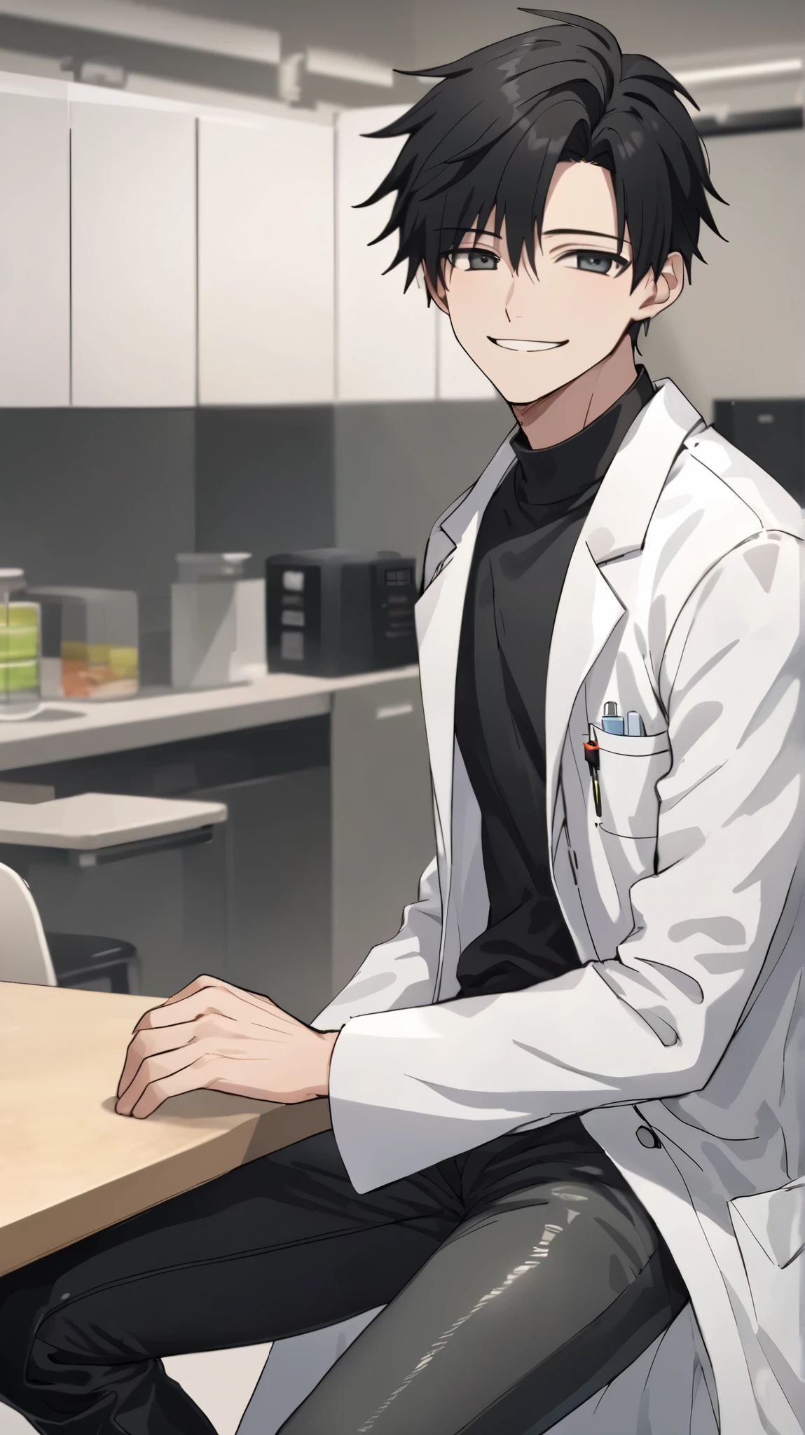 Solo male sitting cross-legged , he is wearing a lab coat over a black shirt.、He is wearing stylish clothes、 He wears knee-high boots. That person , straight black hair.。 The overall vibe is full of confidence .Fair skinned and neutral in appearance10Male Mysterious smile In the break room high image quality 8k