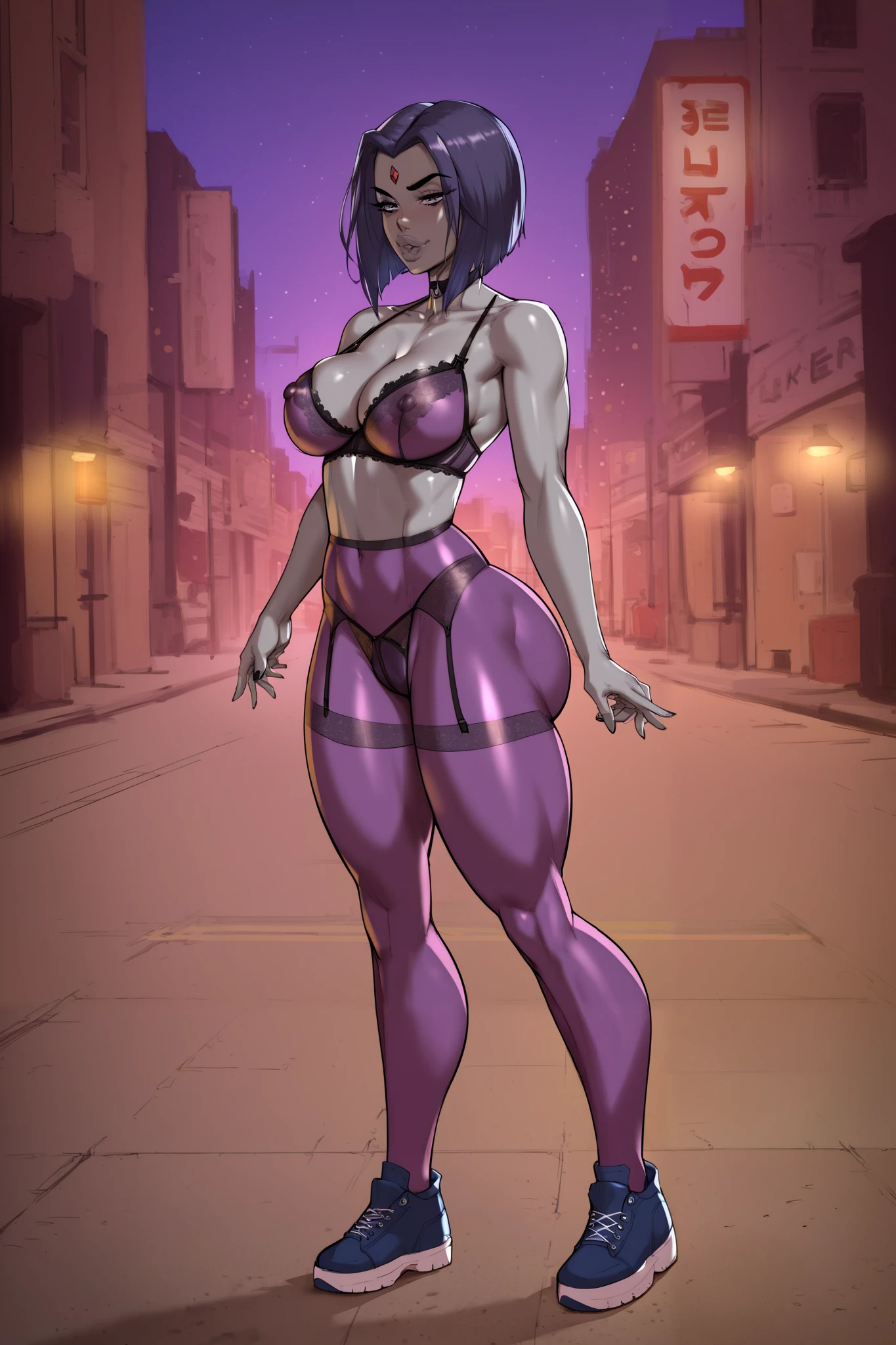 score_9_up, score_8_up, score_7_up,score_6_up, score_5_up, score_4_up,BREAK,zPDXL3,rating_explicit, source_cartoon, raven from titans,grey skin , purple two tone hair, lingerie pantyhose_bodysuit, smug, wide hips, full lips, city sidewalk night time,