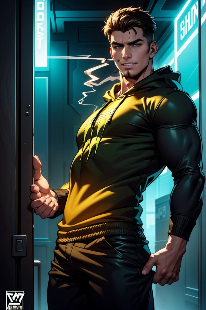 1boy,male focus,jacket,pectorals, rainbow hair green, extremely masculine muscular male, huge bulge, 8 pack abs,xl bodybuilder, rage, titan,