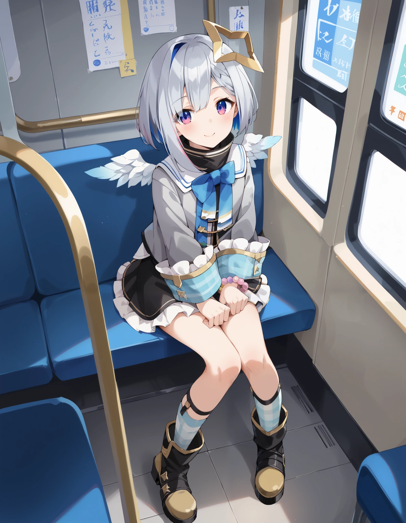 score_9, score_8_ up the side, score_7_ up the side, score_6_ up the side, score_5_ up the side, score_4_ up the side, source_Anime, Anime screencap, BREAK 1girl, Alone, sitting indoors in POV, train, full body,
Tianyin_ KANATA , KANATA _Defaults, Star Halo, multicolored hair , short hair, Lantern, Grey Hair , model, bangs, her hair hangs down to hide one eye , purple eyes , flat chest, Long Sleeve, Grey Jacket , bracelet , Angel Wings, Turtleneck Dress, black skirt , frill skirt, blue socks, boots,