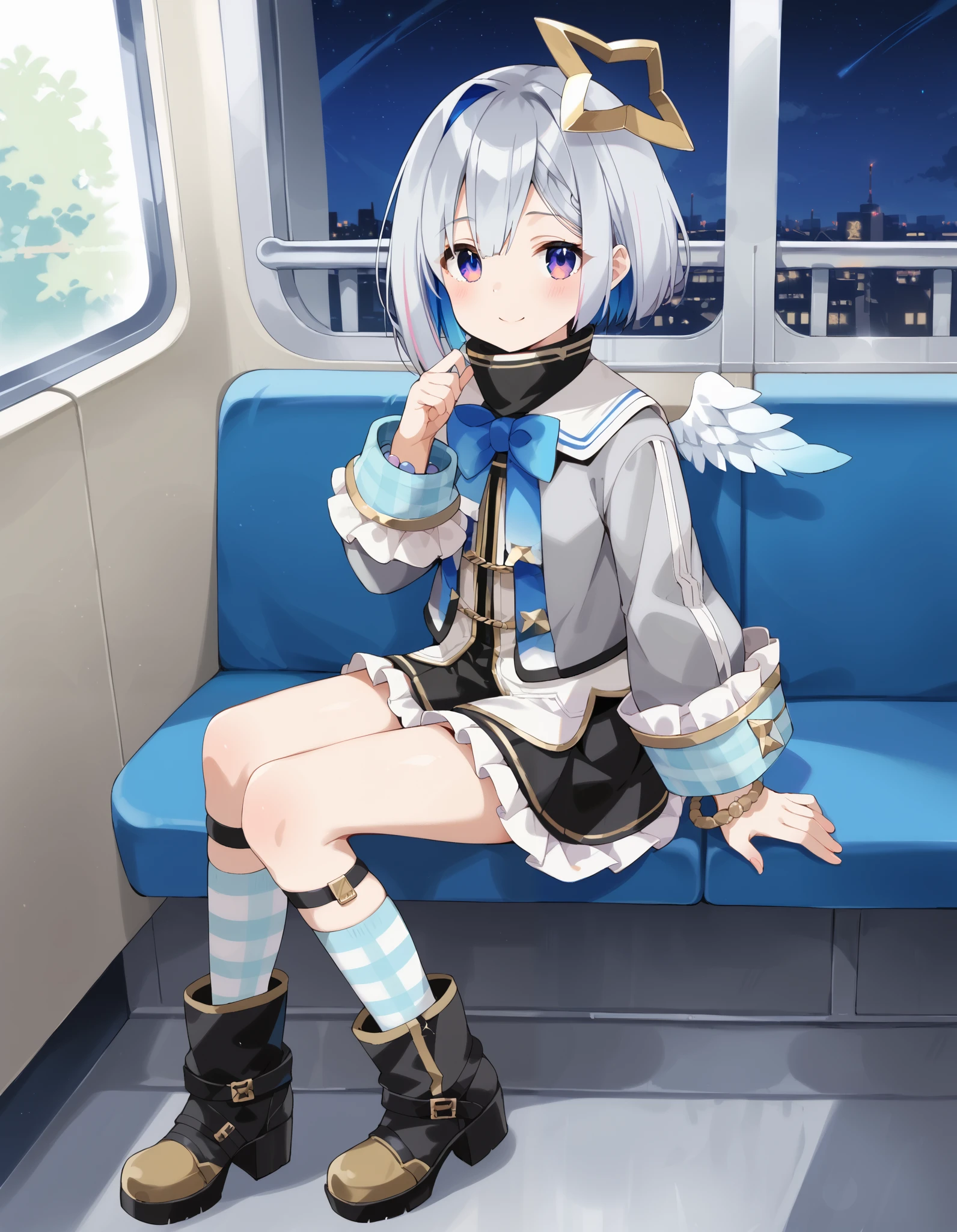 score_9, score_8_ up the side, score_7_ up the side, score_6_ up the side, score_5_ up the side, score_4_ up the side, source_Anime, Anime screencap, BREAK 1girl, Alone, sitting indoors in POV, train, full body,
Tianyin_ KANATA , KANATA _Defaults, Star Halo, multicolored hair , short hair, Lantern, Grey Hair , model, bangs, her hair hangs down to hide one eye , purple eyes , flat chest, Long Sleeve, Grey Jacket , bracelet , Angel Wings, Turtleneck Dress, black skirt , frill skirt, blue socks, boots,