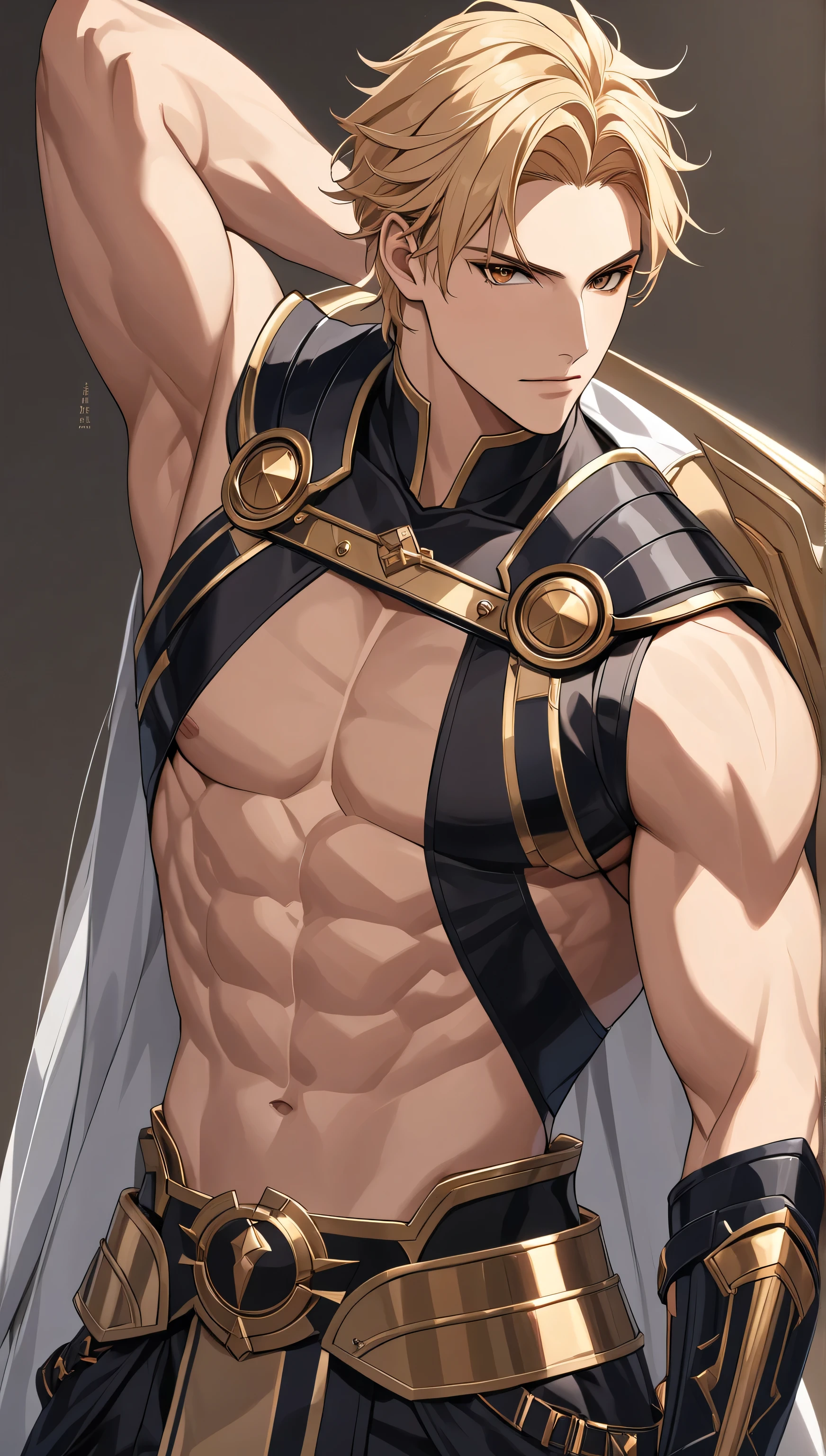 top quality Masterpiece high definition Masterpiece , blonde hair man, brown Eyes man plain backround, no backround, white backround, male, mascular body , handsome, ikemen, goddes of war, ares, god outfits, serious, abs