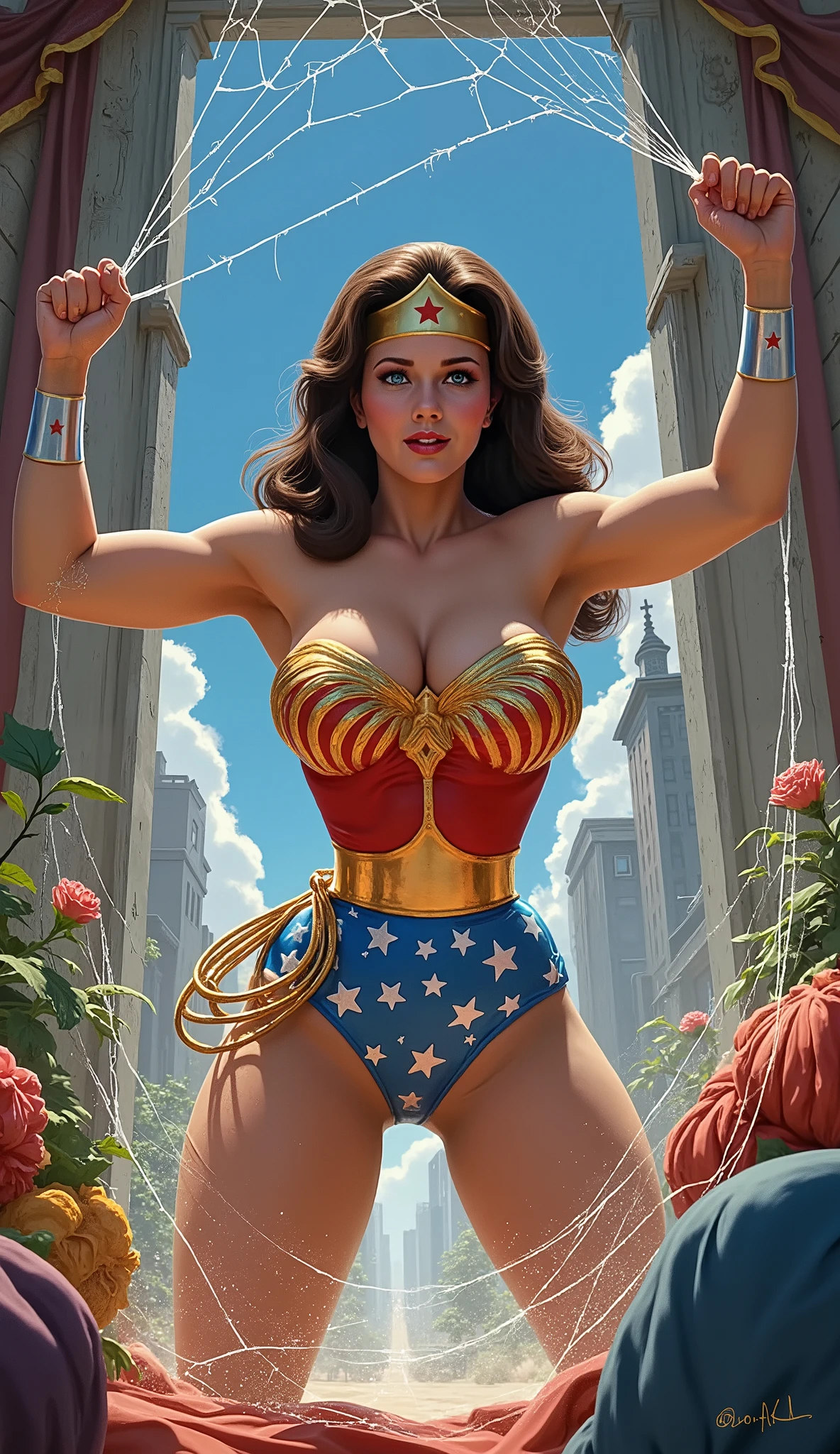 (TRAPPED AND HELPLESS IN A GIANT SPIDER WEB PERIL SCENE) (COMIC BOOK STYLE) A SEXY LYNDA CARTER AS THE ICONIC 1960 WONDER WOMAN, WEARING A LATEX WONDER WOMAN COSTUME, LATEX PATRIOTIC BLUE SKIRT. A TRI-COLOR PATRIOTIC CAPE. HER GOLDEN LASSO ATTACHED TO THE SIDE OF HER HIP. CRYSTAL CLEAR ART, CELAN CRISP ART, 4K, 8K, MILLIONS OF TEXTURES AND DETAILS. SAVING THE WORLD. COMIC BOOK
