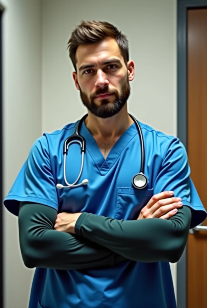 masterpiece, best quality, high resolution, closeup portrait, male focus, solo focus, a man, half naked doctor, doctor uniform, bare chest, hairy legs, in the background a hospital room, amazing composition, front view, HDR, volumetric lighting, ultra quality, elegant, highly detailed