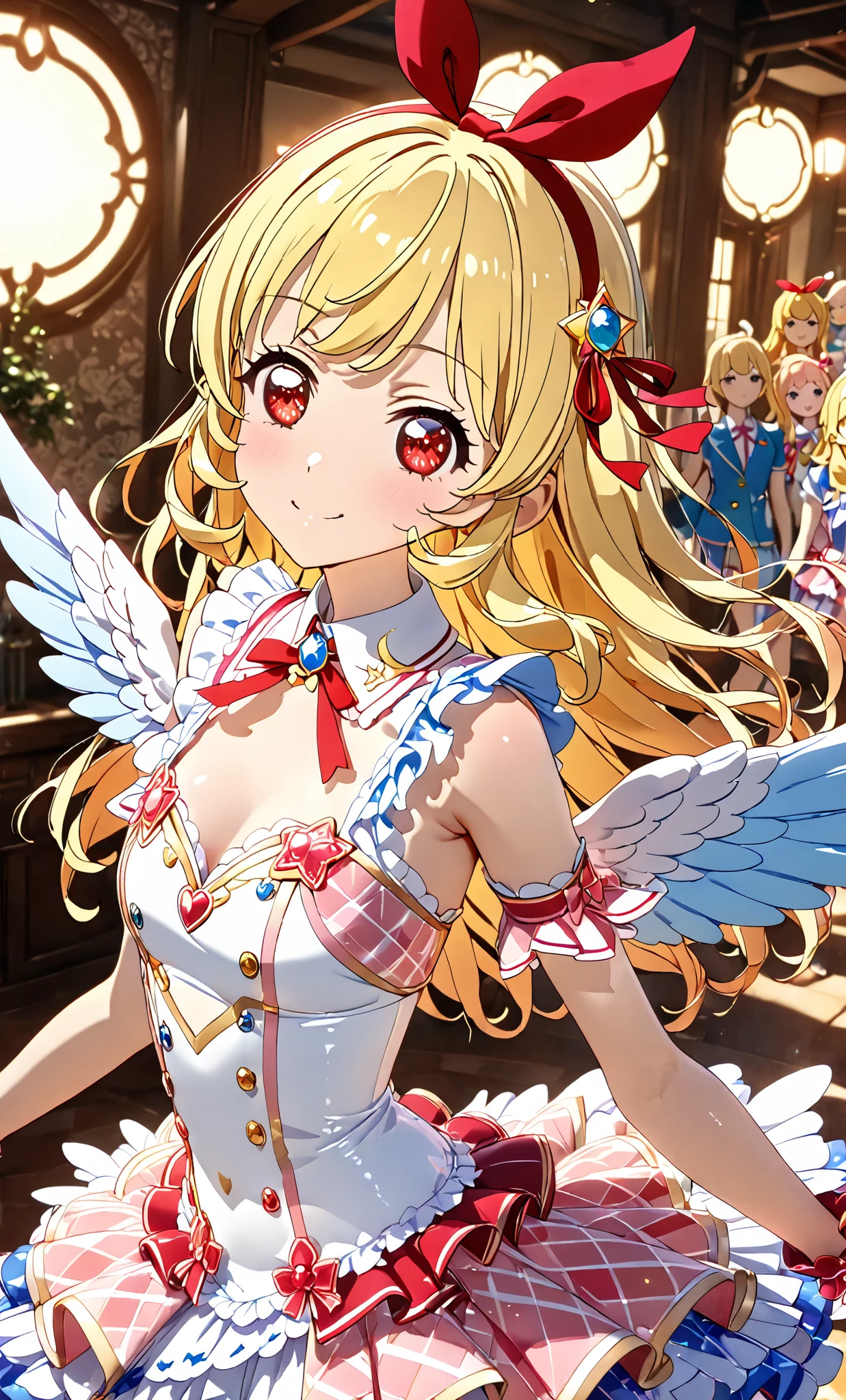 from Behind, (Masterpiece, Top Quality, Highly Detailed, Super Detailed, High Resolution, Absurd, 4K, 8K: 1.2), (Official Art, Incredibly Detailed Illustrations, Highly Detailed CG, Details background, cinematic lighting, dynamic angles, perfect hands, detailed shiny skin, detailed hair, detailed eyes) (very nice detailed cute face, beautiful face) (very detailed) ( 3D depiction) BREAK,, Aikatsu, Ichigo Hoshimiya, 1girl,, Solo,,, blonde, pink idol costume, ANGEL wing, red eyes, looking at camera, Ichigo Hoshimiya (Aikatsu!), (Red ribbon on hair band: 1.2)