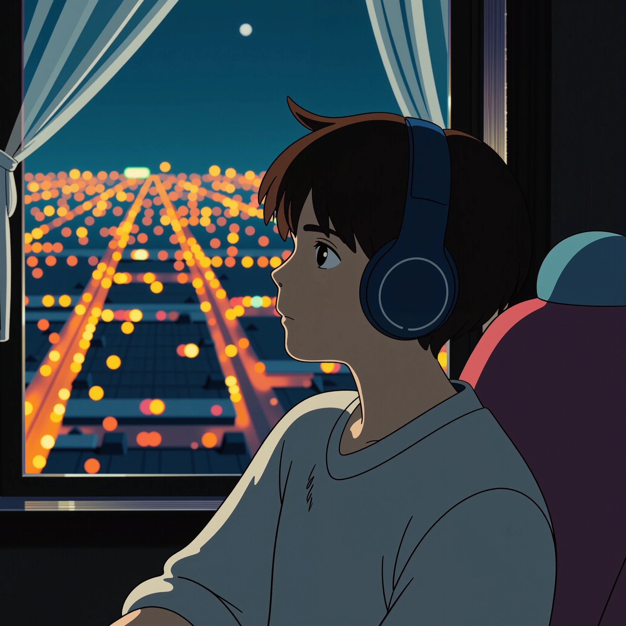 "A cute male anime character wearing headphones, sitting near a window with a view of the night city, soft warm lights, nostalgic atmosphere, in a dreamy lo-fi style."