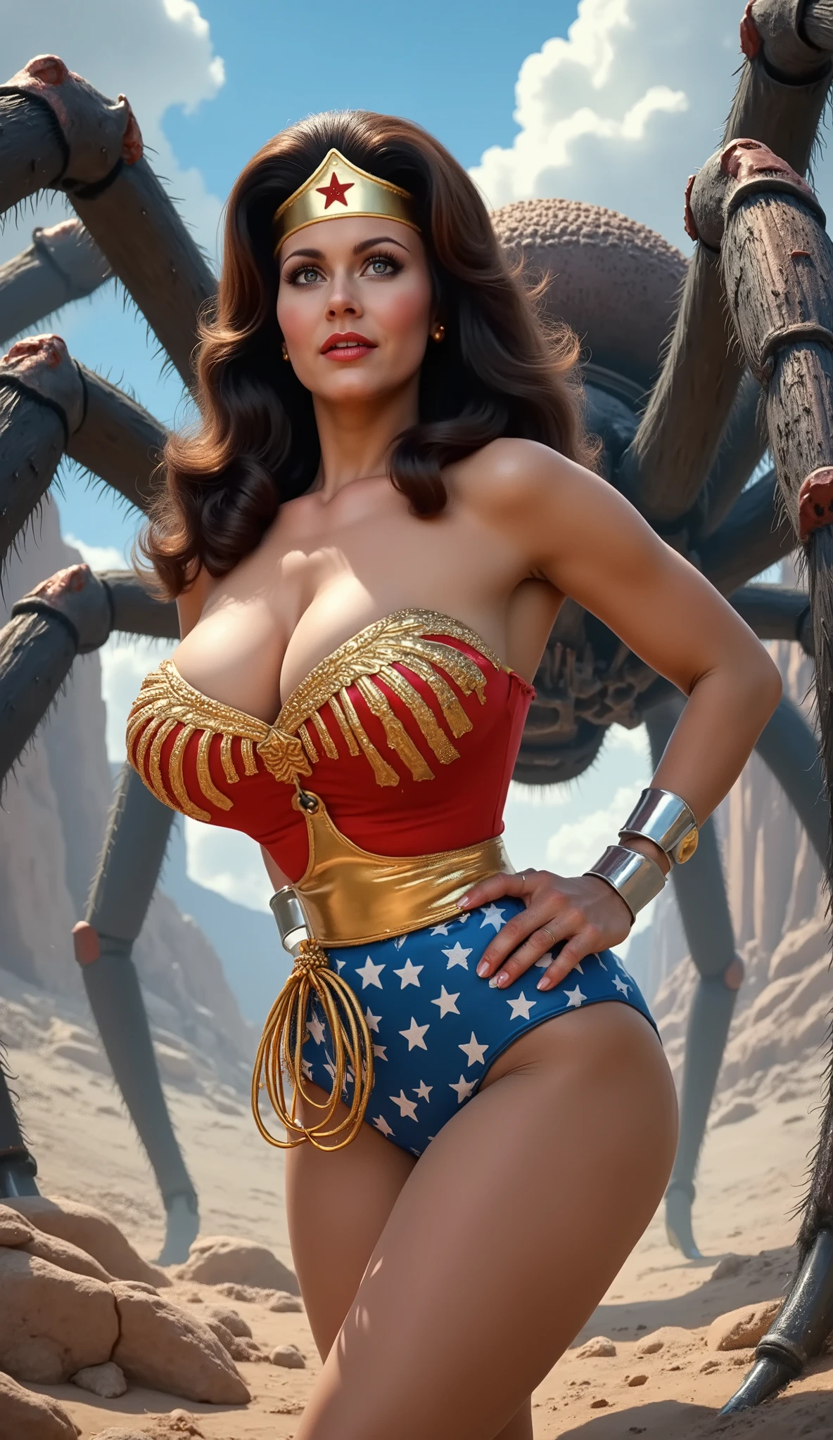 (TRAPPED AND HELPLESS IN A GIANT SPIDER GRASP PERIL SCENE) (COMIC BOOK STYLE) A SEXY LYNDA CARTER AS THE ICONIC 1960 WONDER WOMAN, WEARING A LATEX WONDER WOMAN COSTUME, LATEX PATRIOTIC BLUE SKIRT. A TRI-COLOR PATRIOTIC CAPE. HER GOLDEN LASSO ATTACHED TO THE SIDE OF HER HIP. CRYSTAL CLEAR ART, CELAN CRISP ART, 4K, 8K, MILLIONS OF TEXTURES AND DETAILS. SAVING THE WORLD. COMIC BOOK