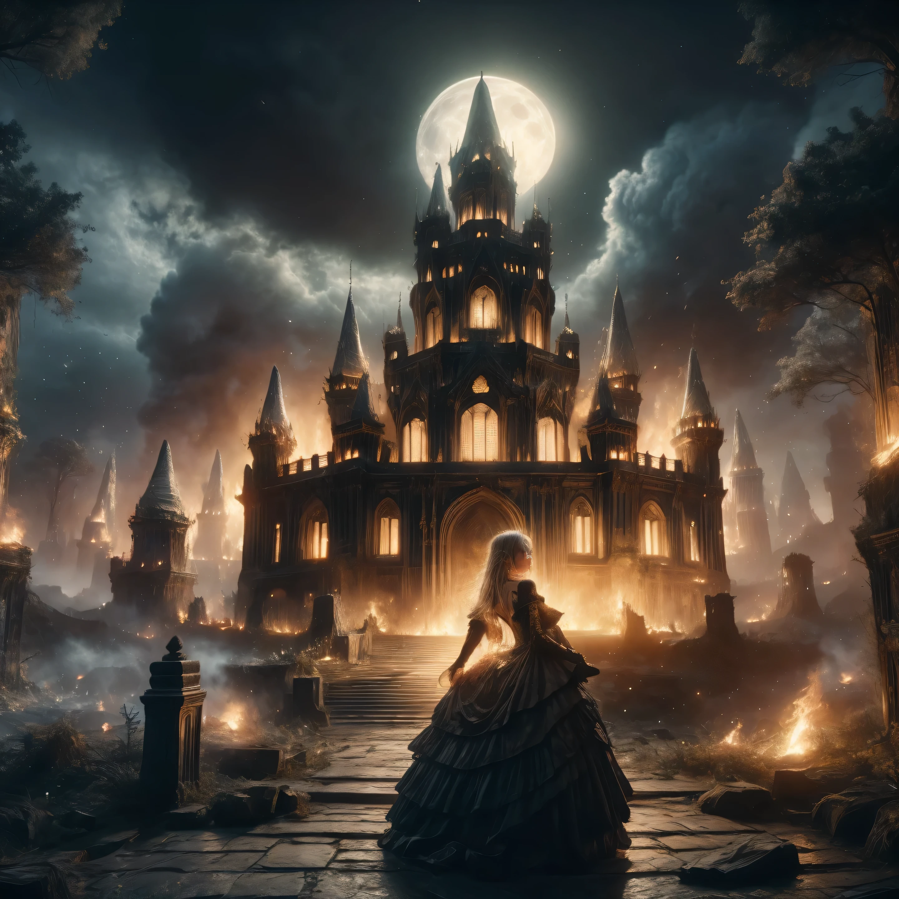 A spooky 3D scene of a haunted castle set against a dark, ghostly atmosphere. The rear view of a gothic blond girl, approximately in her late 30s with long, flowing blond hair, stands in the foreground. She wears a detailed steampunk-inspired outfit: a corseted black dress with intricate silver gears and lace accents, paired with knee-high leather boots and fingerless gloves. Her posture is slightly hunched, exuding an air of mystery and melancholy as she gazes toward the castle. Surrounding her are eerie elements: cobwebs draping gnarled trees, a moonlit cemetery with crooked tombstones, and numerous bats fluttering in the night sky. Monsters and witches lurk in the shadows, their forms partially illuminated by the flickering light of numerous bonfires scattered across the scene. The castle itself is a masterpiece of gothic architecture, with towering spires, stained glass windows emitting psychedelic lights, and a crumbling stone facade. The cinematic grays and dark tones are contrasted by the warm, glowing bonfires and the ethereal moonlight. The finely detailed textures of the cobblestone path, the weathered castle walls, and the girl’s attire add depth to the photorealistic composition. The overall mood is enchanting yet foreboding, blending magic and horror seamlessly.
