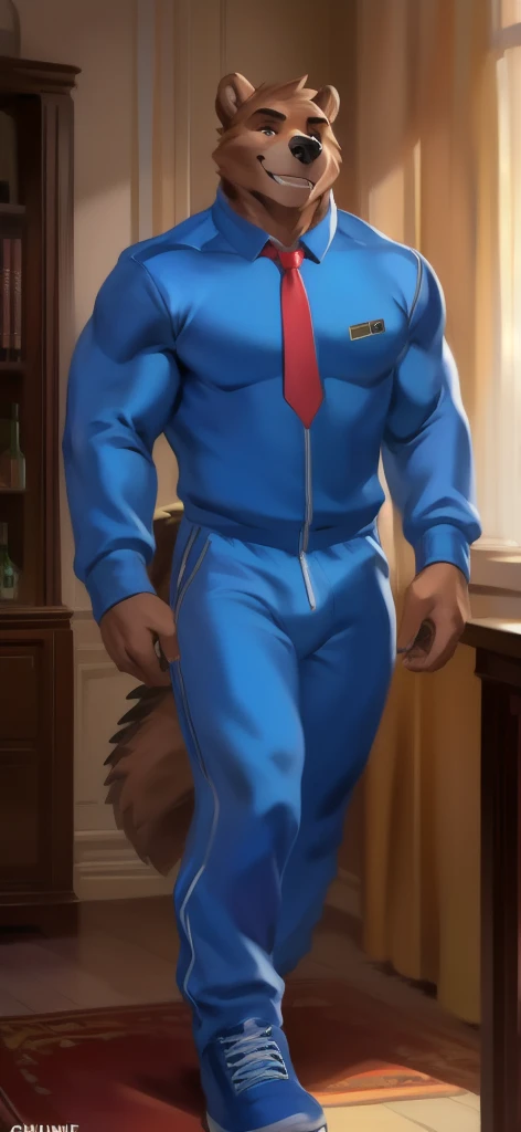 In the shadowy, steamy alleyway, a solo, male figure loomed, his muscular, heavyset body draped in expensive designer clothing, a Tom Ford suit that clung to every curve and bulge of his form. His deep-set, intense brown eyes, filled with desire and a predatory hunger, fixed on the viewer with a possessive gleam. His imposing height, taller than most men, and wide shoulders added to his already overwhelming presence. By his side, a colossal, brown alligator - its huge head tilted up and fiercely focused on the figure's every move. The alligator's massive size was a testament to its raw power, and