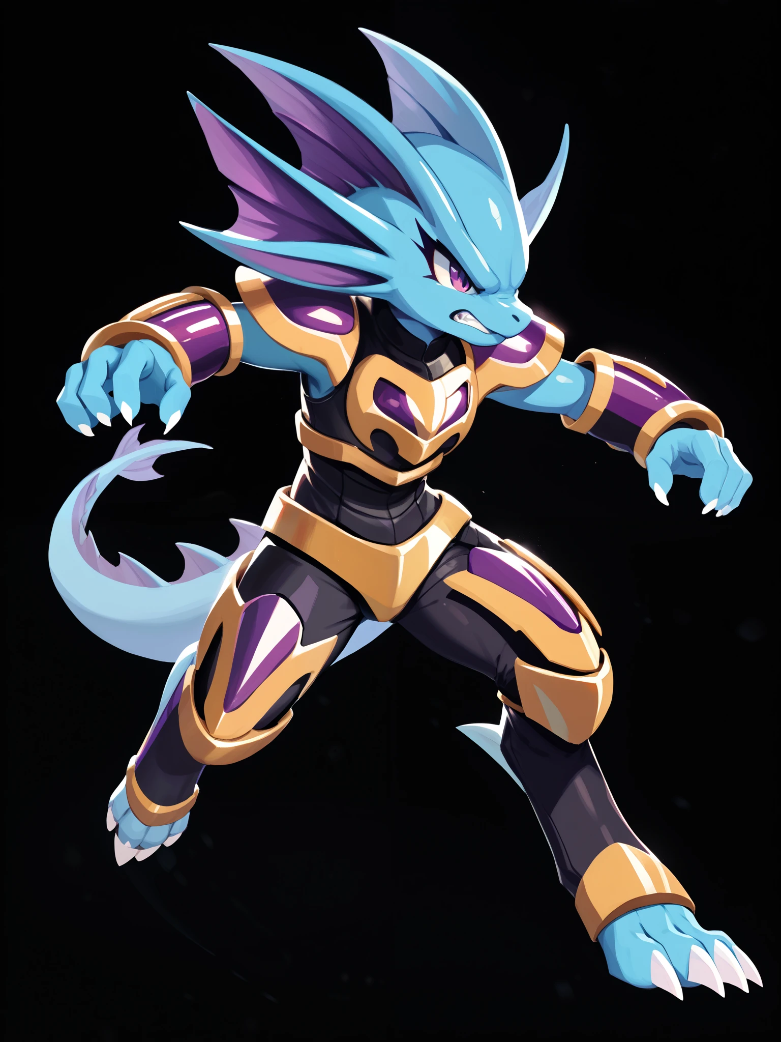 Anime, ((anime style)), solo drawing, solo, Three-Quarter view, ((Solid Black Background)), ((vivid purple eyes)), ((draconic ear frills)), ((head fin)), ((tall figure)), ((angry expression)), ((running pose:1.5)), ((digitigrade legs)), ((digitigrade feet)), ((highly detailed anime style)), clean lines, claws, Merga from freedom planet 2, female, light armor, blue skin, black armor with gold trim, calm expression, white claws, ((lower leg armor:1.5)), low contrast, ((darker colors:1.5)), short muzzle