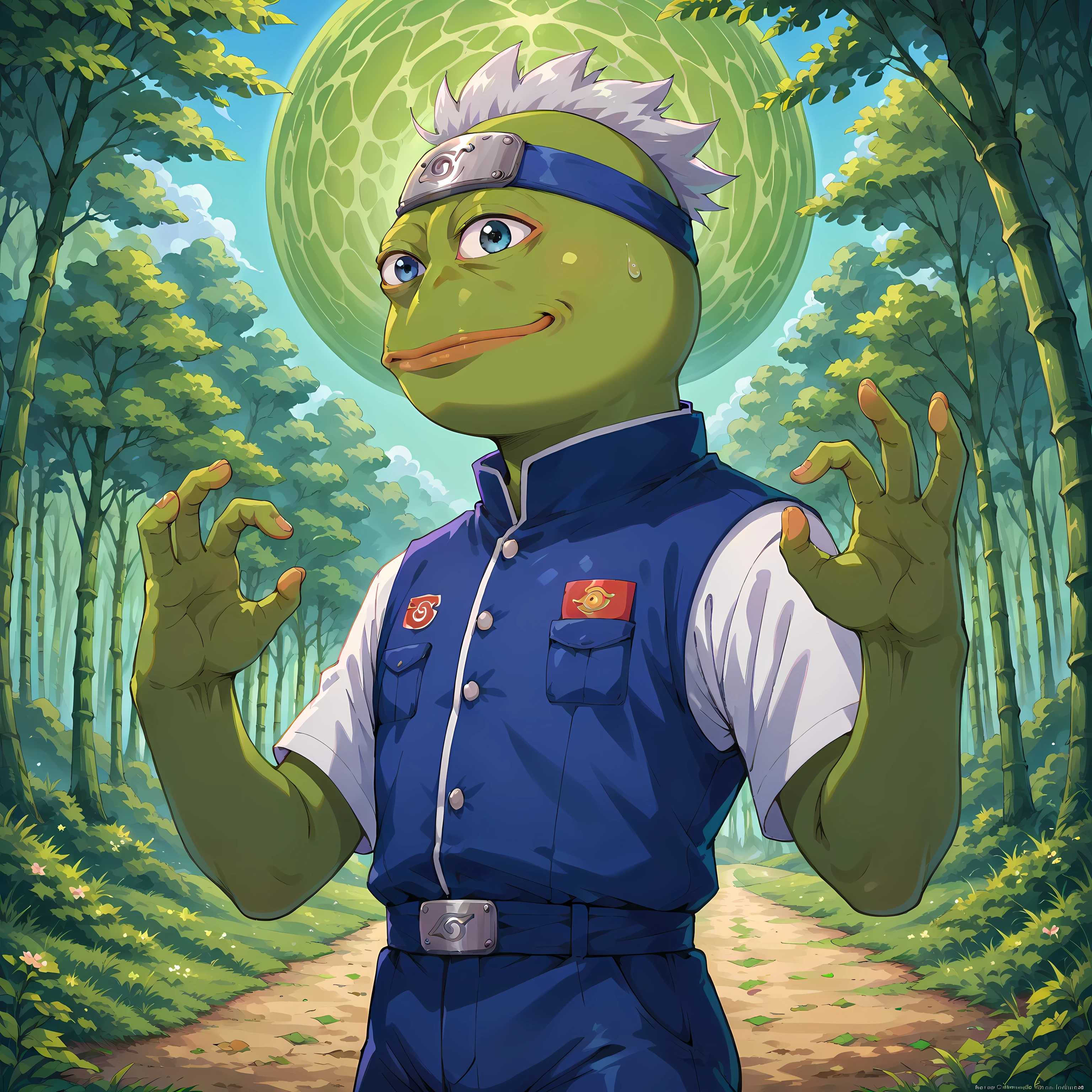 Pepe Frog, Detailed_Background, (anthropomorphic frog, large round pepe head, wide pepe eyes, frog mouth), 1boy, characteristic pepe face, wide-set eyes, slight smirk, green textured skin, Naruto Style, Kakashi costume, silver hair spiky hair, tilted forehead protector, konohagakure symbol, sharingan in left eye, navy blue mask, jonin vest, shinobi pants, Masterpiece, Dynamic pose, side profile, Defensive stance, hand signs formation, bamboo forest background, morning mist, detailed lighting, cinematic composition