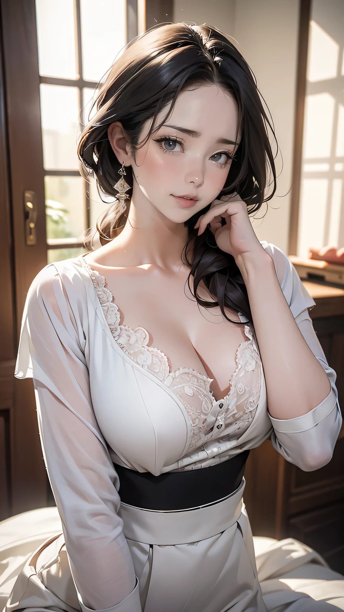Canon 5DMk2 135mm, (highest quality) (masterpiece)), intricate details, sharp focus, professional, photorealistic, ultra-realistic, photorealism, silhouette lights, fine indications, top quality, CG Unity wallpapers highly detailed 8k, perfect artwork, full body, shiny hair, shiny eyes, glowing skin, 3 perfect realistic female figures, narrow waist, camera gaze, lace, seductive posture, sexy pose, Very delicate and beautiful girl, top quality, beautiful details, beautiful detailed eyes, soft lighting on the face, movie lighting, transparency, white ancient Chinese folk costume, see-through material, buttocks exposed, realistic expression of face, (complex details, makeup, (beautiful delicate face details, Beautiful detailed delicate eyes, perfectly proportioned face, highly detailed skin, detailed skin, best proportions four fingers and thumb, arms under chest, big big breast, smooth abdomen, thin and thin, fashion, solo, (young), highlighted face, detailed face, white skin, brown hair, ponytail, braided hair, big eyes, earrings, slim body, transparent background, professional lighting, One girl, coiled hair, big, 27 years old,