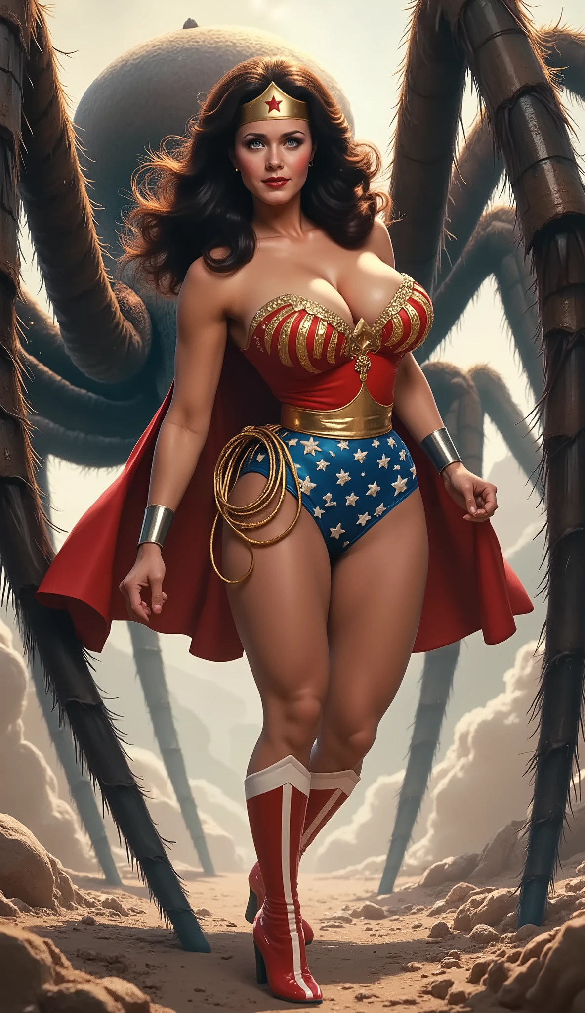 (HELPLESS IN A GIANT SPIDER GRASP PERIL SCENE) (COMIC BOOK STYLE) A SEXY LYNDA CARTER AS THE ICONIC 1960 WONDER WOMAN, WEARING A LATEX WONDER WOMAN COSTUME, LATEX PATRIOTIC BLUE SKIRT. A TRI-COLOR PATRIOTIC CAPE. HER GOLDEN LASSO ATTACHED TO THE SIDE OF HER HIP. CRYSTAL CLEAR ART, CELAN CRISP ART, 4K, 8K, MILLIONS OF TEXTURES AND DETAILS. SAVING THE WORLD. COMIC BOOK