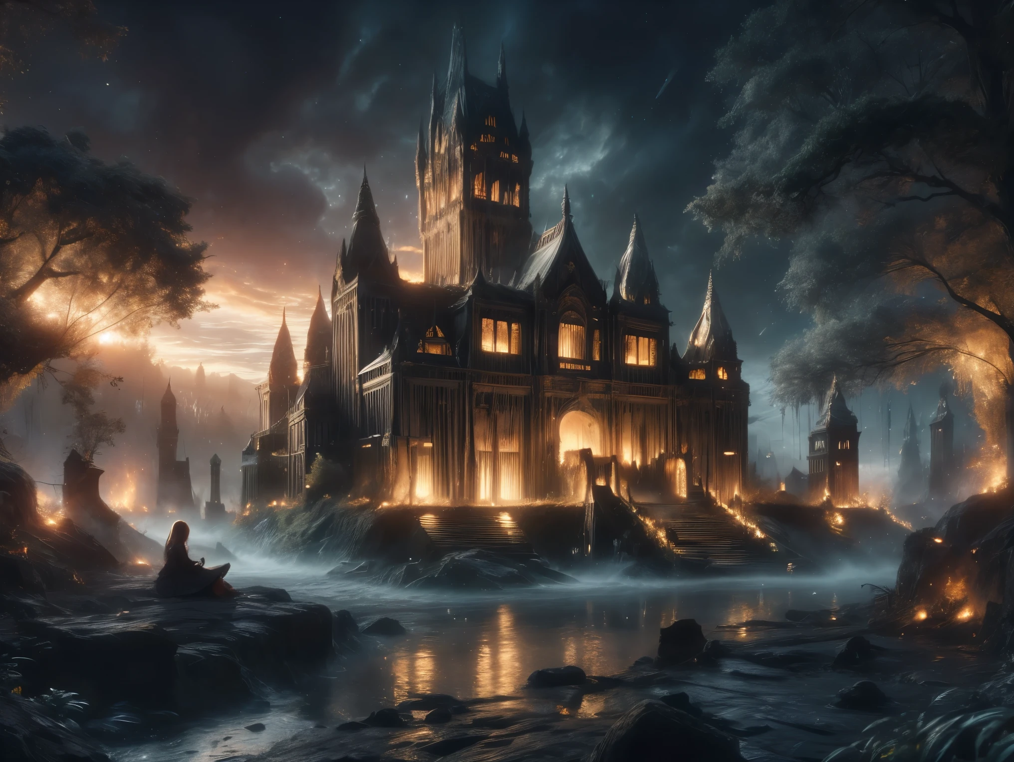 A spooky 3D scene of a haunted castle set against a dark, ghostly atmosphere. The rear view of a gothic blond girl, approximately in her late 30s with long, flowing blond hair, stands in the foreground. She wears a detailed steampunk-inspired outfit: a corseted black dress with intricate silver gears and lace accents, paired with knee-high leather boots and fingerless gloves. Her posture is slightly hunched, exuding an air of mystery and melancholy as she gazes toward the castle. Surrounding her are eerie elements: cobwebs draping gnarled trees, a moonlit cemetery with crooked tombstones, and numerous bats fluttering in the night sky. Monsters and witches lurk in the shadows, their forms partially illuminated by the flickering light of numerous bonfires scattered across the scene. The castle itself is a masterpiece of gothic architecture, with towering spires, stained glass windows emitting psychedelic lights, and a crumbling stone facade. The cinematic grays and dark tones are contrasted by the warm, glowing bonfires and the ethereal moonlight. The finely detailed textures of the cobblestone path, the weathered castle walls, and the girl’s attire add depth to the photorealistic composition. The overall mood is enchanting yet foreboding, blending magic and horror seamlessly.