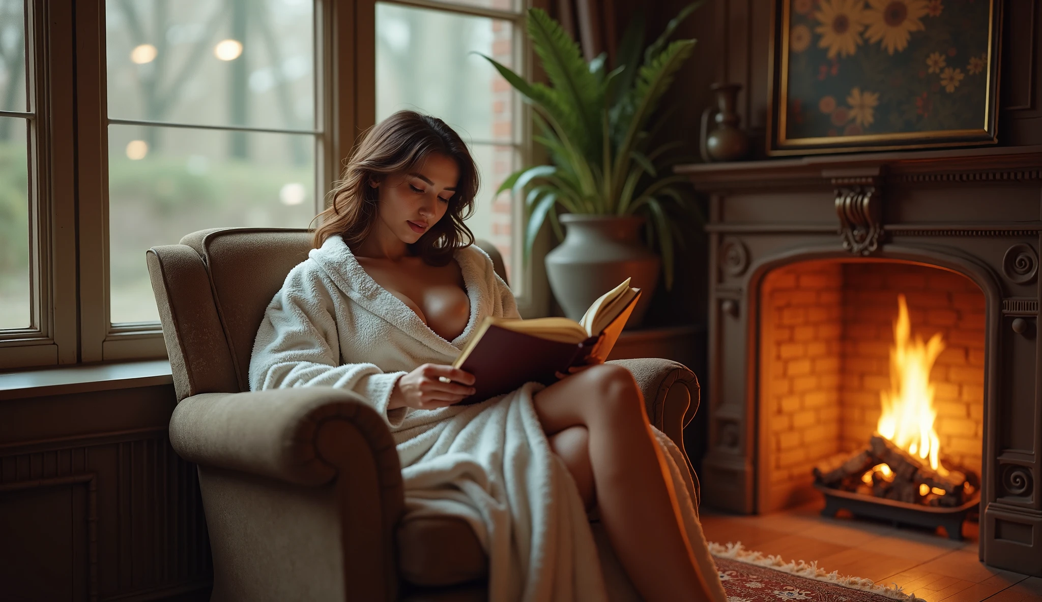 ultra realistic, photo, chestnut shoulder length hair, (wavy elegant hair, Blue eyes, Perfect Round Lips, 30 years, Gorgeous face, Luxurious figure, perfectly toned body, large enlarged breasts), Fatal Woman, long eyelashes, seductive eyes, Отмеченная наградами гламурная photo. Чрезвычайно подробная гламурная photo, award winning., front lighting, HDR, She is sitting in a comfortable chair., wrapped in a blanket, reads a book, with a view of the city outside the window, exposing one leg