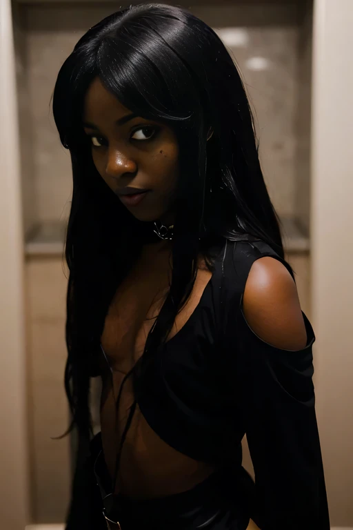 A very dark-skinned African sexy queen with a big forehead and dark red dreads, dark lips, dressed in long black tights women attire with heels. Standing sideways next to massage table.