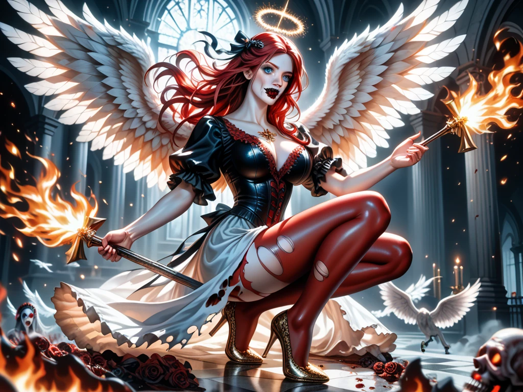 (Dark ar, black paint:1.4), dramatic lighting, otherworld, best quality, ((oil painting by Francisco de Goya)), epic art, (masterpiece, best quality, highres, high resolution), (extremely detailed), (intricate details), 1girl, (beautiful ginger girl:1.3), (angel, black-wings:1.5), (cute makeup), (smirking), (sky-blue eyes), (long wavy hair), (orange-copper hair), (DD-cup, colossal tits, full breasts:1.4), ((fit body)), ((wearing in black and orange tight clothes:1.4), (thong-leotard, deep cleavage, gloves), (perfect high-heels, platform heels:1.4)), ((deep cleavage)), open legs, looking at viewer, gorgeous triadic color scheme, deep shadows and brilliant highlights, atmospheric, (at night in dark the forest), fftultima, amano,