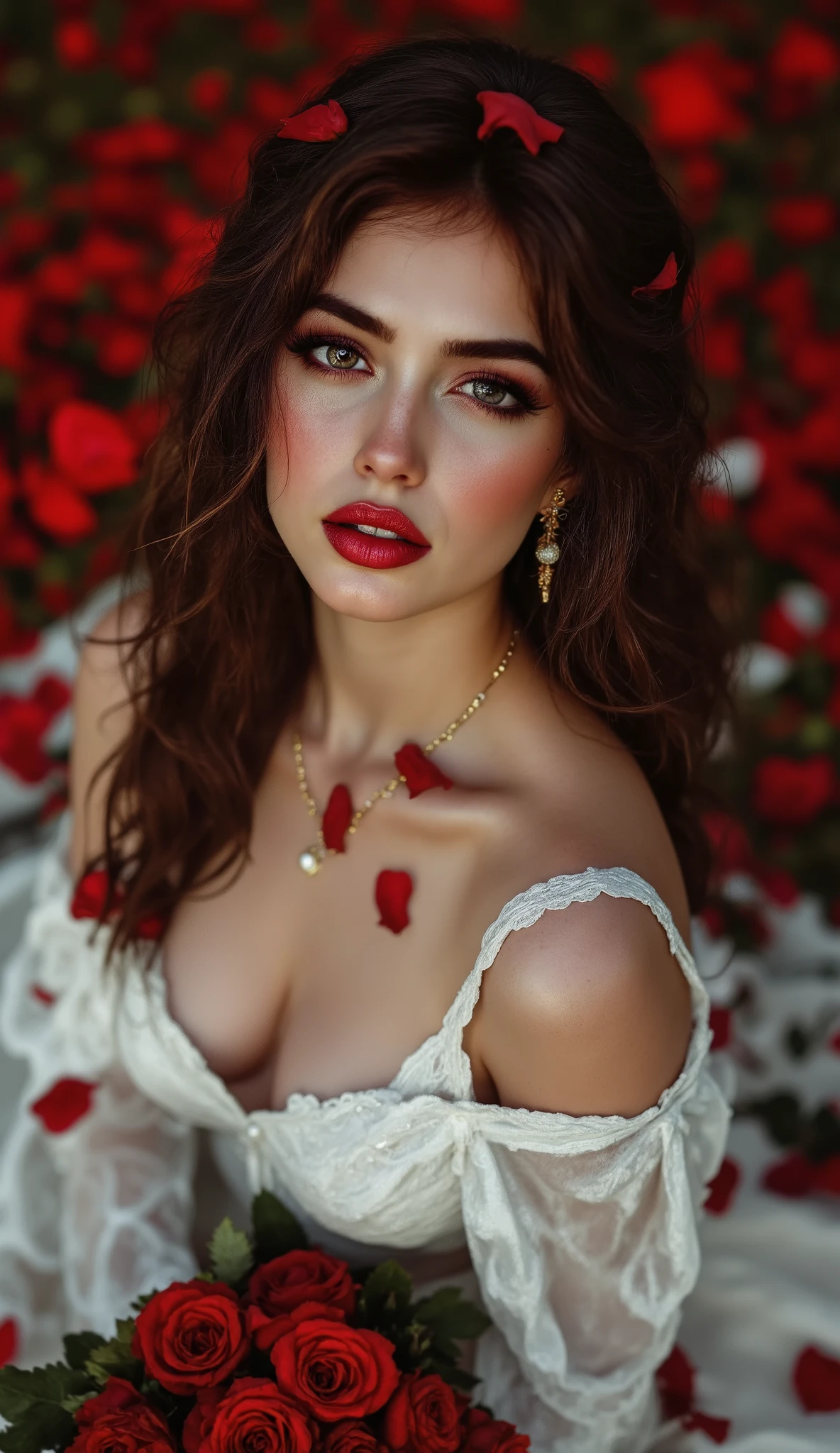A mesmerizing, dreamy illustration of a stunning woman captured from a top high-angle, her captivating gaze locked directly with the viewer, exuding a blend of sweet innocence and irresistible allure. She wears a breathtaking off-the-shoulder white lace wedding gown, adorned with intricate floral lace appliqué on the bodice. The dress cinches perfectly at the waist, sculpting a graceful, feminine silhouette that subtly accentuates her curves. In her hand, she holds a vibrant bouquet of red roses, adding a passionate contrast to her ethereal look.
Her long, wavy brown hair cascades in soft, voluminous waves over her shoulders, framing her delicate, radiant face. Her makeup is flawlessly applied—smokey winged eyeliner defines her expressive eyes, subtle deep red shimmer lipstick adds a touch of seduction, and her cheeks are lightly blushed for a soft, natural glow. She wears minimalist pearl jewelry, including a dainty necklace and matching earrings, enhancing her timeless elegance.
The background features a magical, dark fantasy world with swirling shadows and soft, glowing orbs creating a bokeh effect. Floating red rose petals drift through the air, varying in size and focus, adding depth and motion. The rich, moody tones blend seamlessly with the warm highlights on her skin, creating a pure cinematic masterpiece where every element flows together in perfect harmony.
