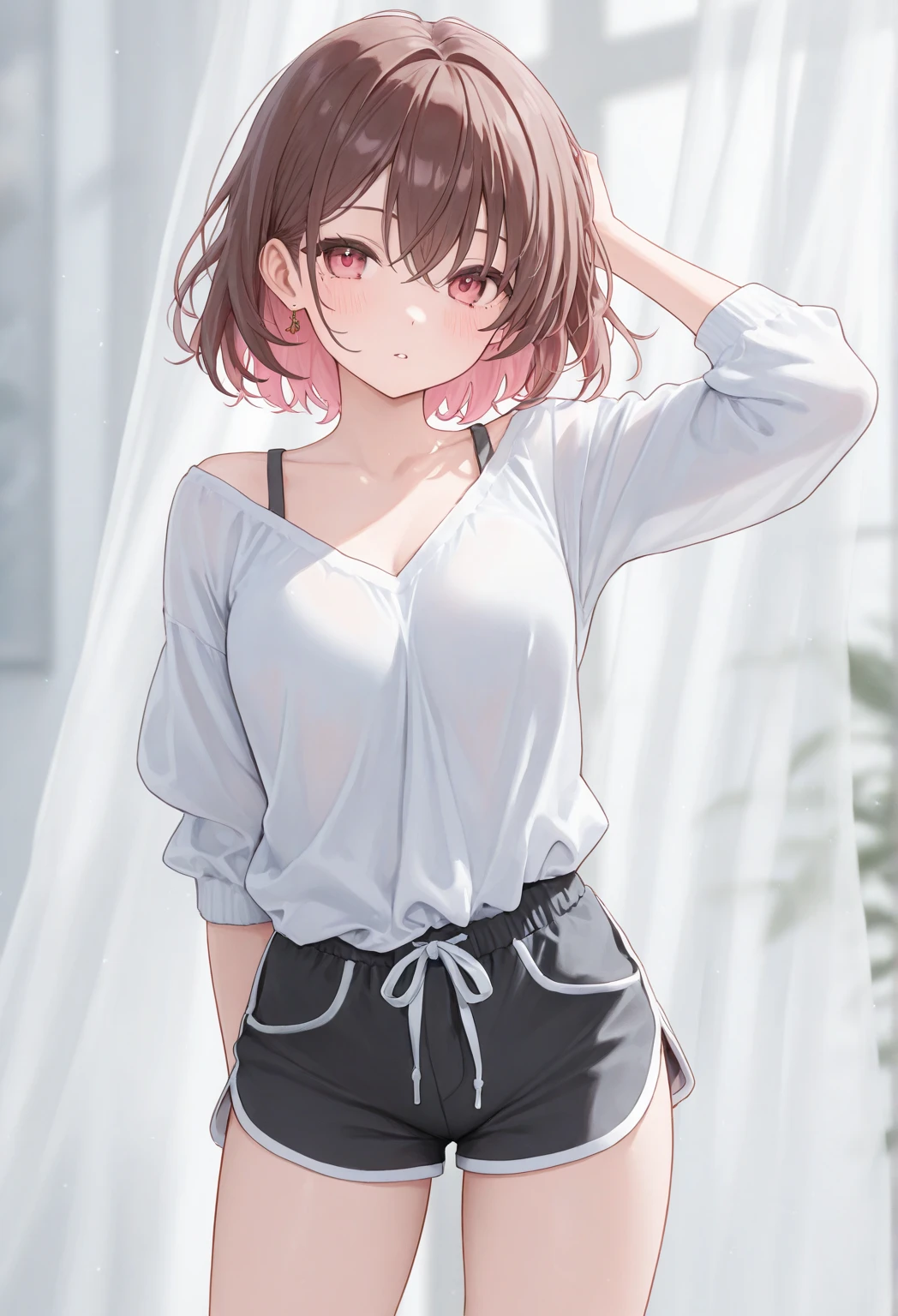 Highest quality、Realistic、zoom、man、cute、Grey Eyes、Light brown hair、short hair、White character print panties、thin、Pouting、、shower room、Cowboy Shot