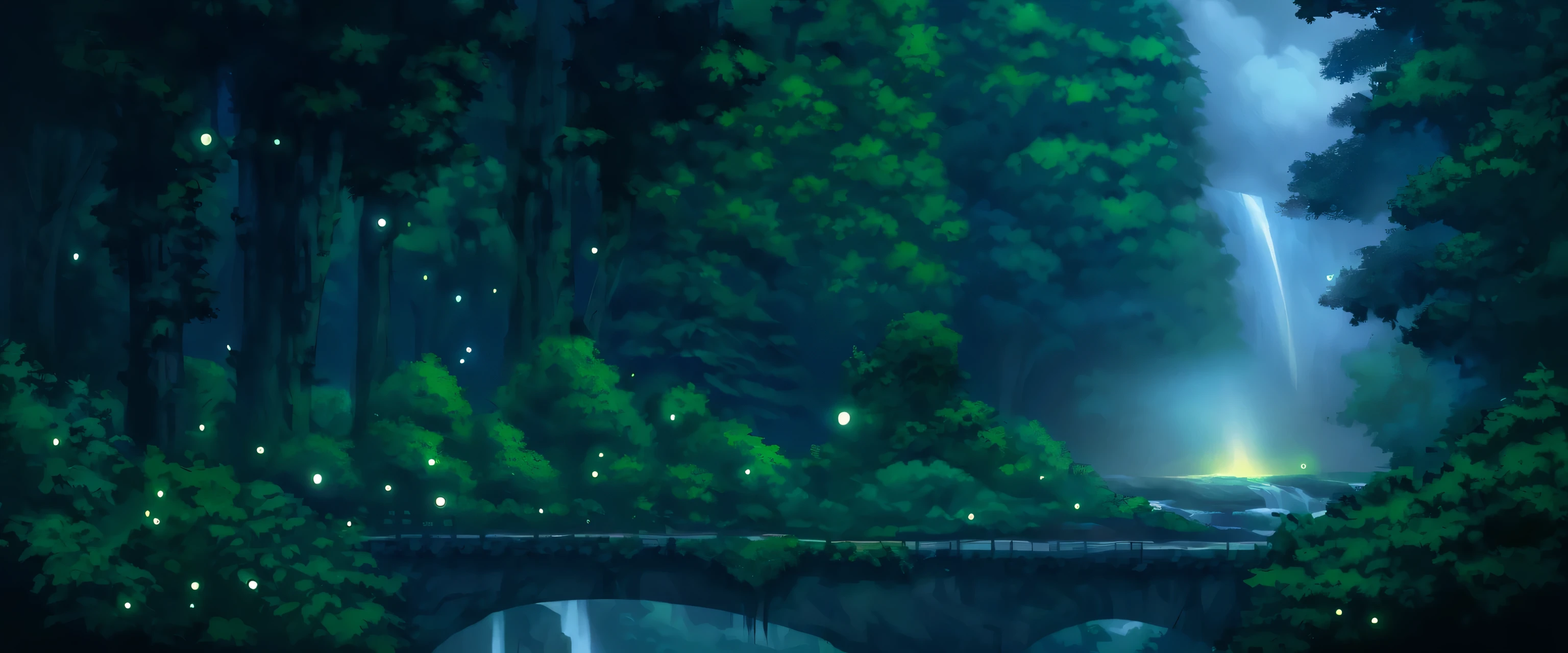temperate rainforest landscape, mystical, Blue Ridge Appalachia, old growth trees, path, bridge over river, waterfall to river, fireflies, night, fog, ethereal, cinematic lighting,