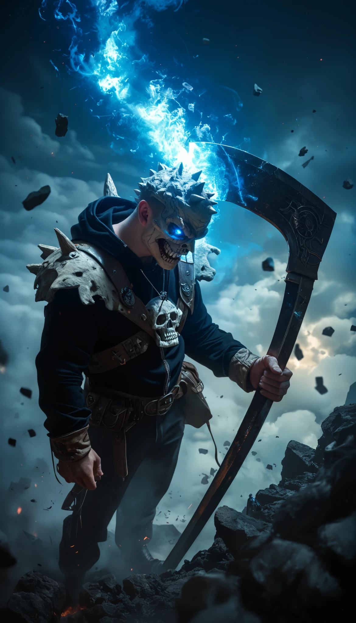 quality ( masterpiece, best quality, 8K, bottom de pantalla de unidad CG extremadamente detallada, high resolution sweatshirt, top-quality, top-quality real texture skin, hyperrealistic, to increase the resolution , RAW photos, best quality, highly detailed, The ), BREAK, Alone, Young man hooded with a giant scythe shrouded in blue fire , Dark clothing with details of skulls , postura amenazante en un Dark cemetery, Luna llena gigante al bottom en forma de calavera iluminando la escena.. Extreme details in the texture of the clothes ., blue fiery glow coming out of the scythe y detailed texture of the sky and the moon . BREAK, bottom (Dark cemetery, Broken headstones , faint lights of the flames , night sky with scattered clouds ), ( dynamic angle:1.6), ( Pulitzer Prize-winning photo :1.3), (Awarded Photo), Beautiful dramatic lighting that highlights the contrast between darkness and blue fire., details in the apocalyptic environment , high shutter speed , Depth in the artistic approach of the scene ., (Wide shot:1.5), (Wide shot:1.5)