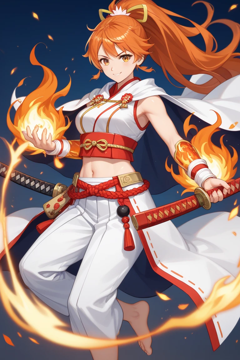 Anime characters with red hair and yellow robes in front of the stove, Keqing from Genshin Impact, Ayaka Genshin impact, appears as the fire goddess, zhongli from genshin impact, she has fire powers, firemage, demon slayer rui fanart, bian lian, Tanjiro Kamado, ayaka game genshin impact, Fire!! full bodyesbian